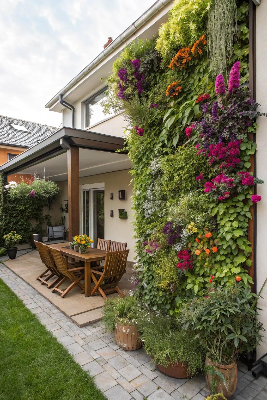 A vertical garden brings greenery and life to a patio.