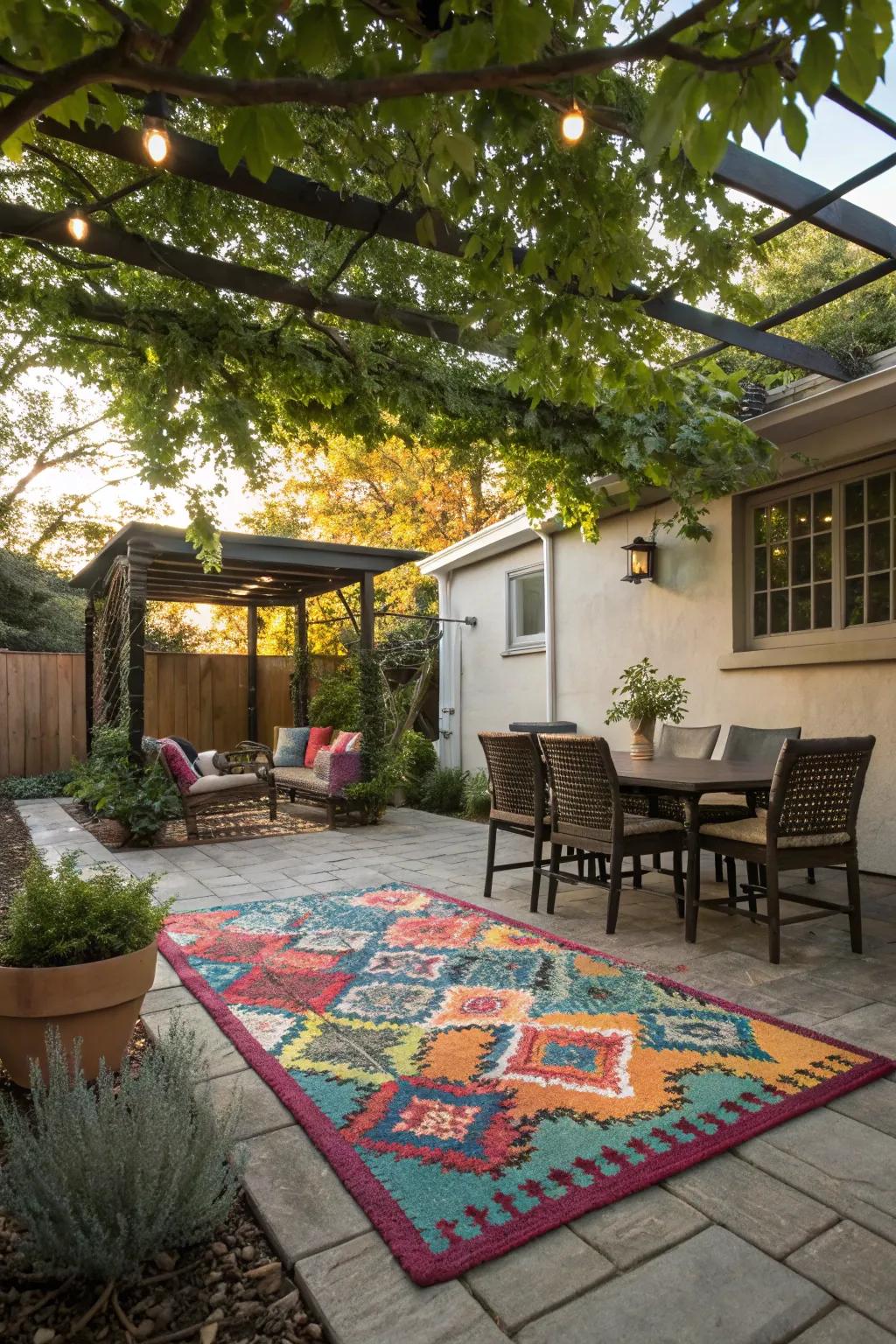 Outdoor rugs enhance shaded areas with color and texture.