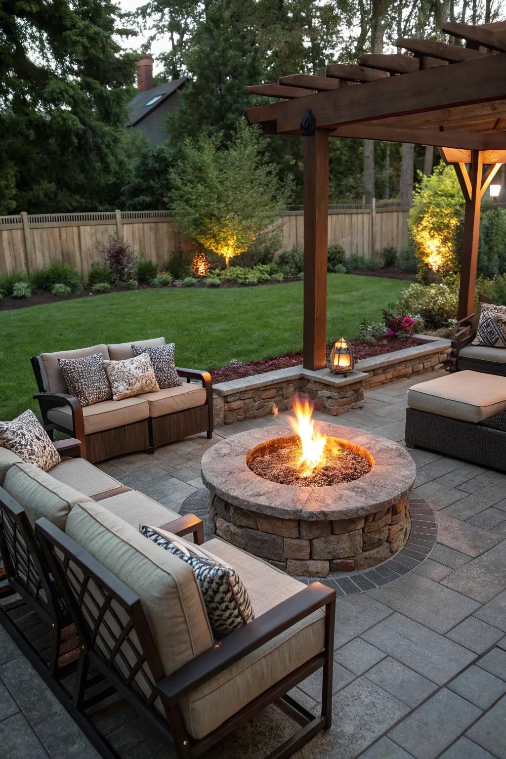 Integrated fire pits are the heart of an outdoor gathering space.
