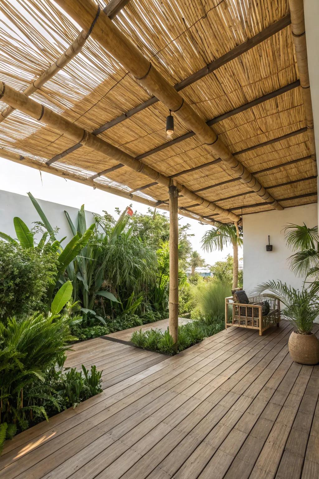 Bamboo and reed roofing adds a tropical touch to patio spaces.