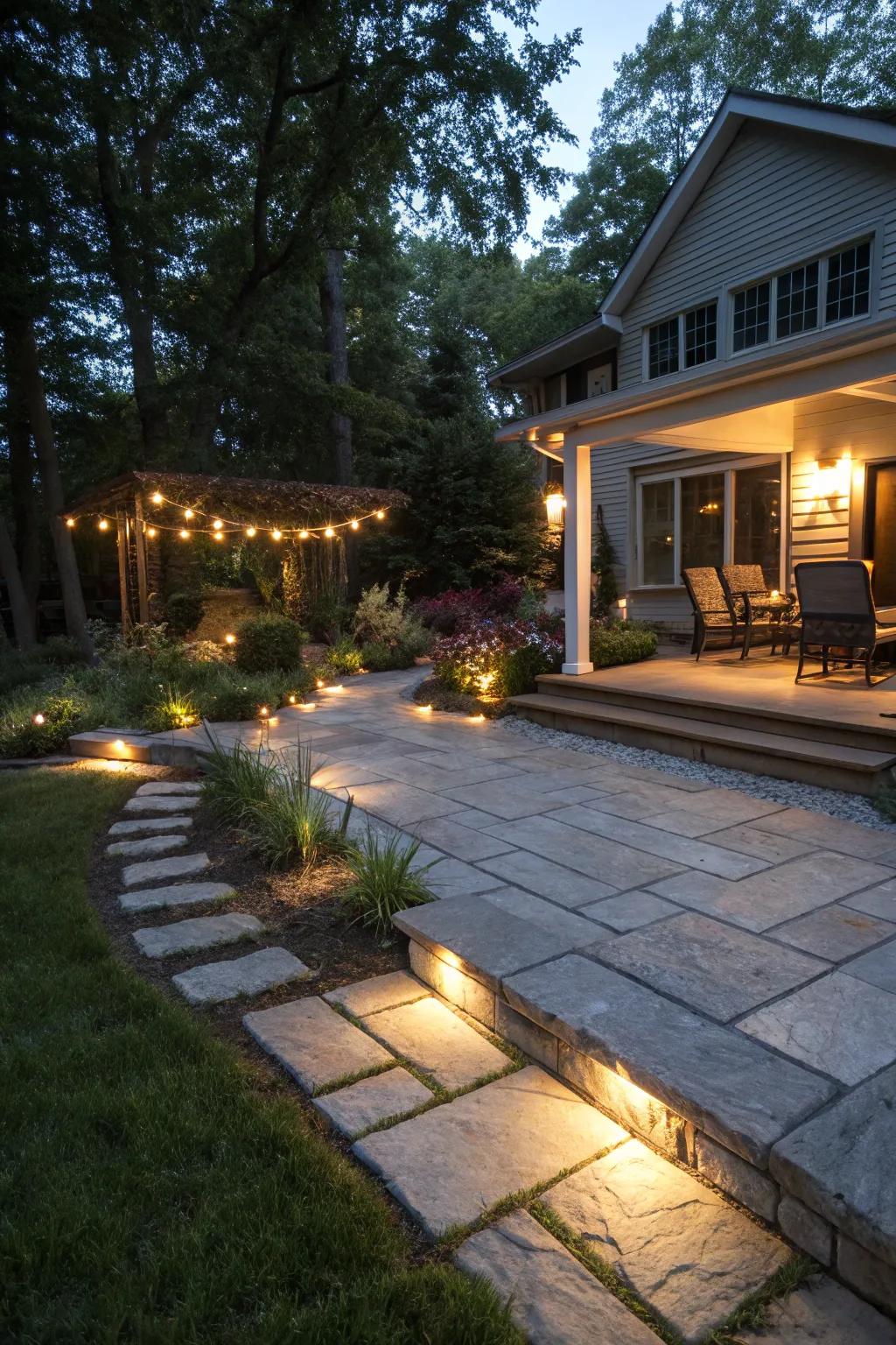 Integrated lighting enhances the ambiance of this patio.
