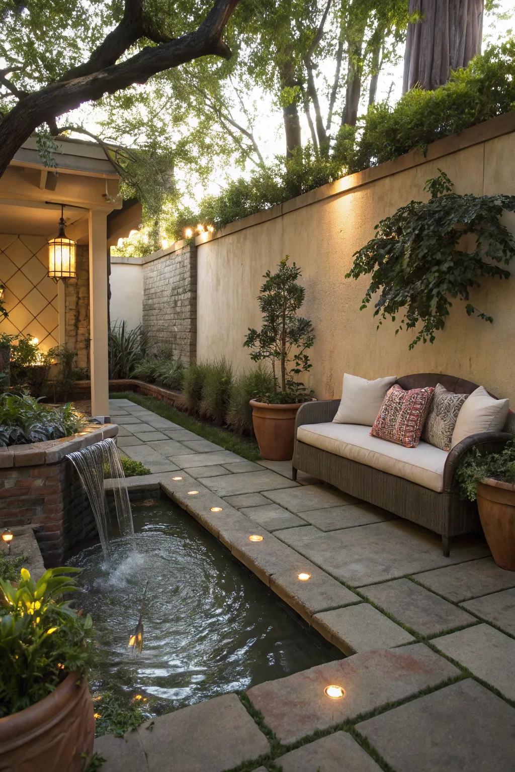 A tranquil water feature bringing serenity to a patio.