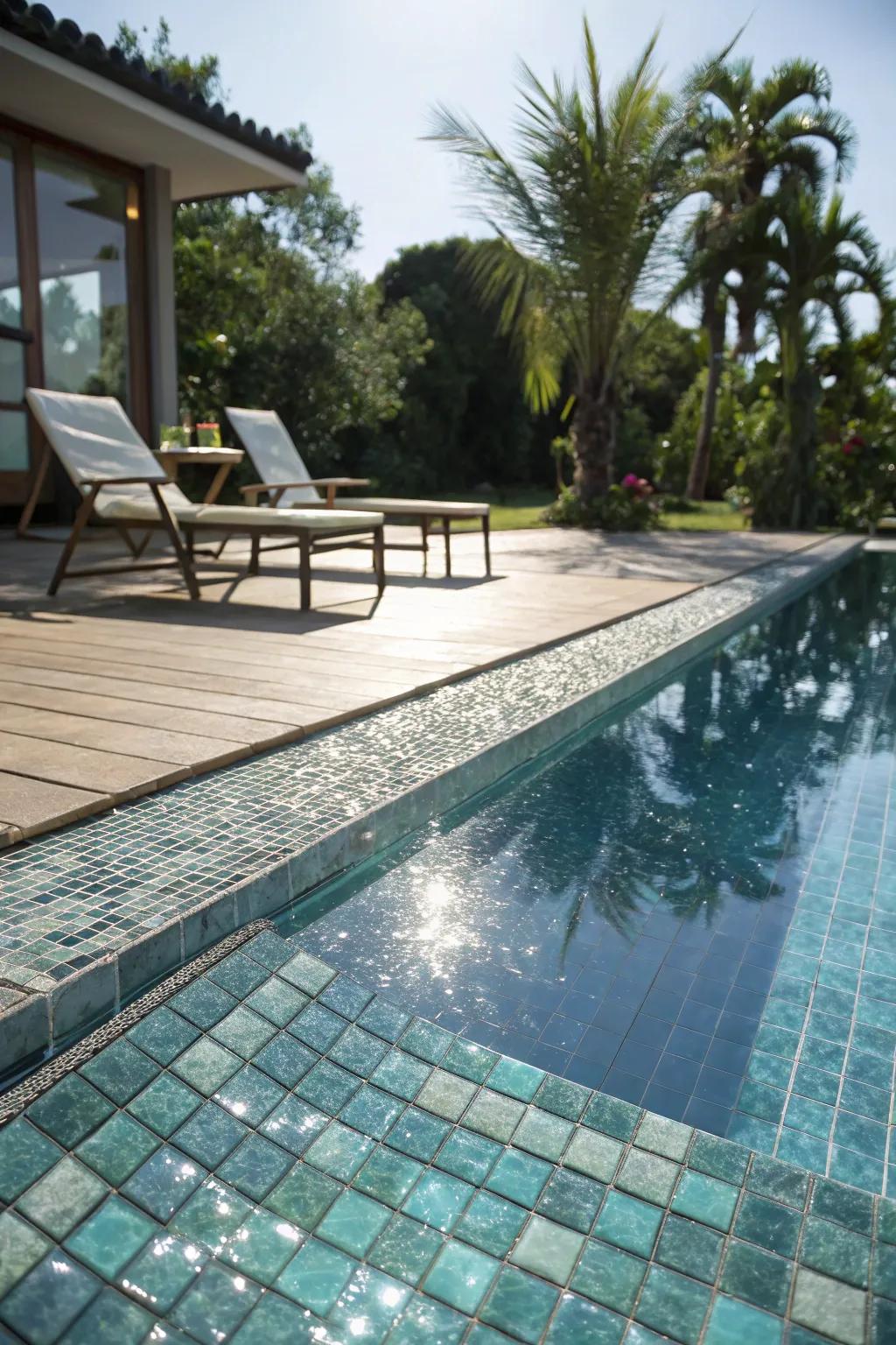 Glass tiles add a reflective glow and luxury to poolside areas.