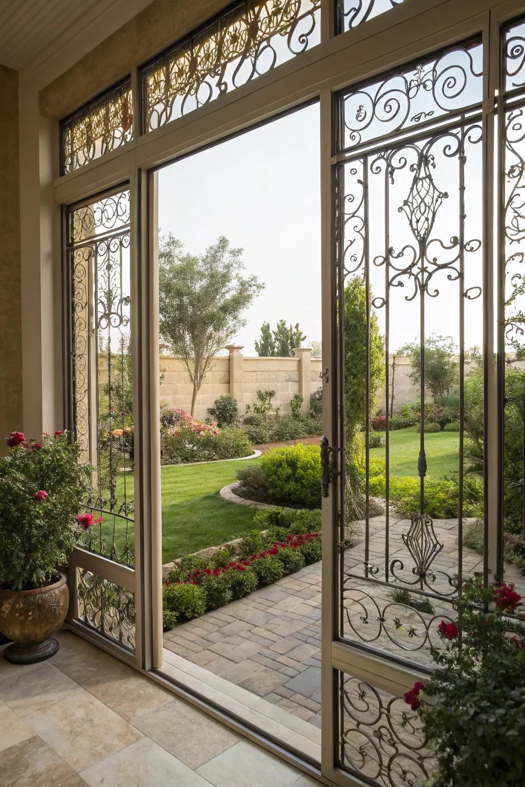 Decorative grilles adding artistic flair to patio windows.