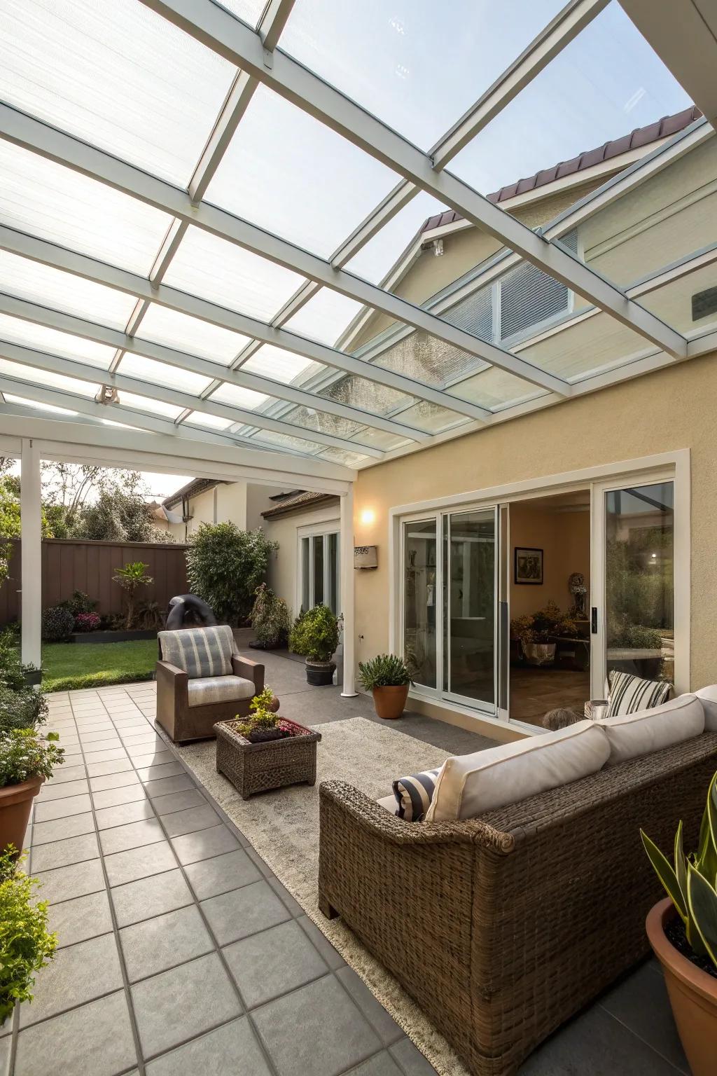 An indoor-outdoor transition with a clear-roofed patio.
