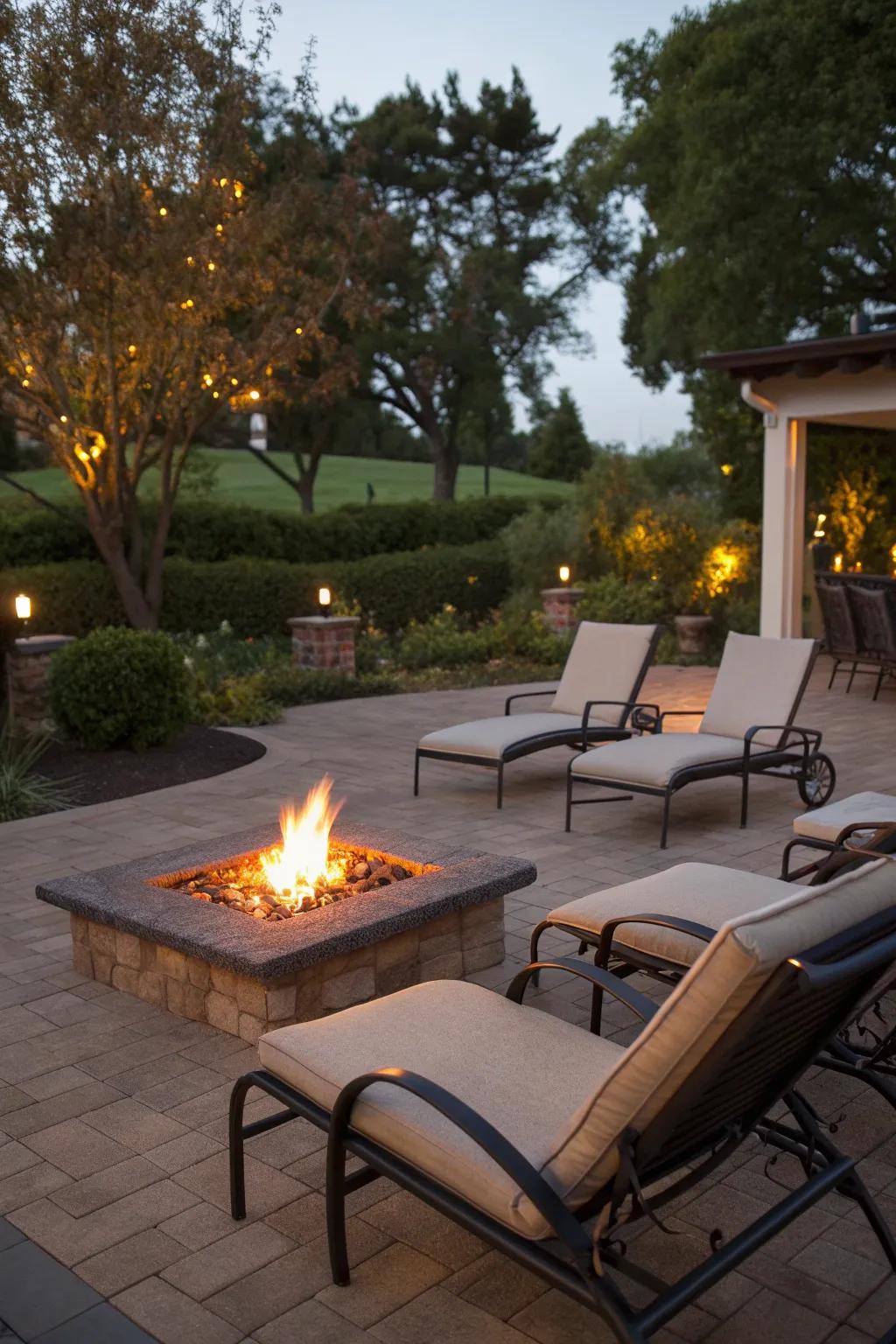Chaise lounges create a perfect spot for unwinding around the fire.
