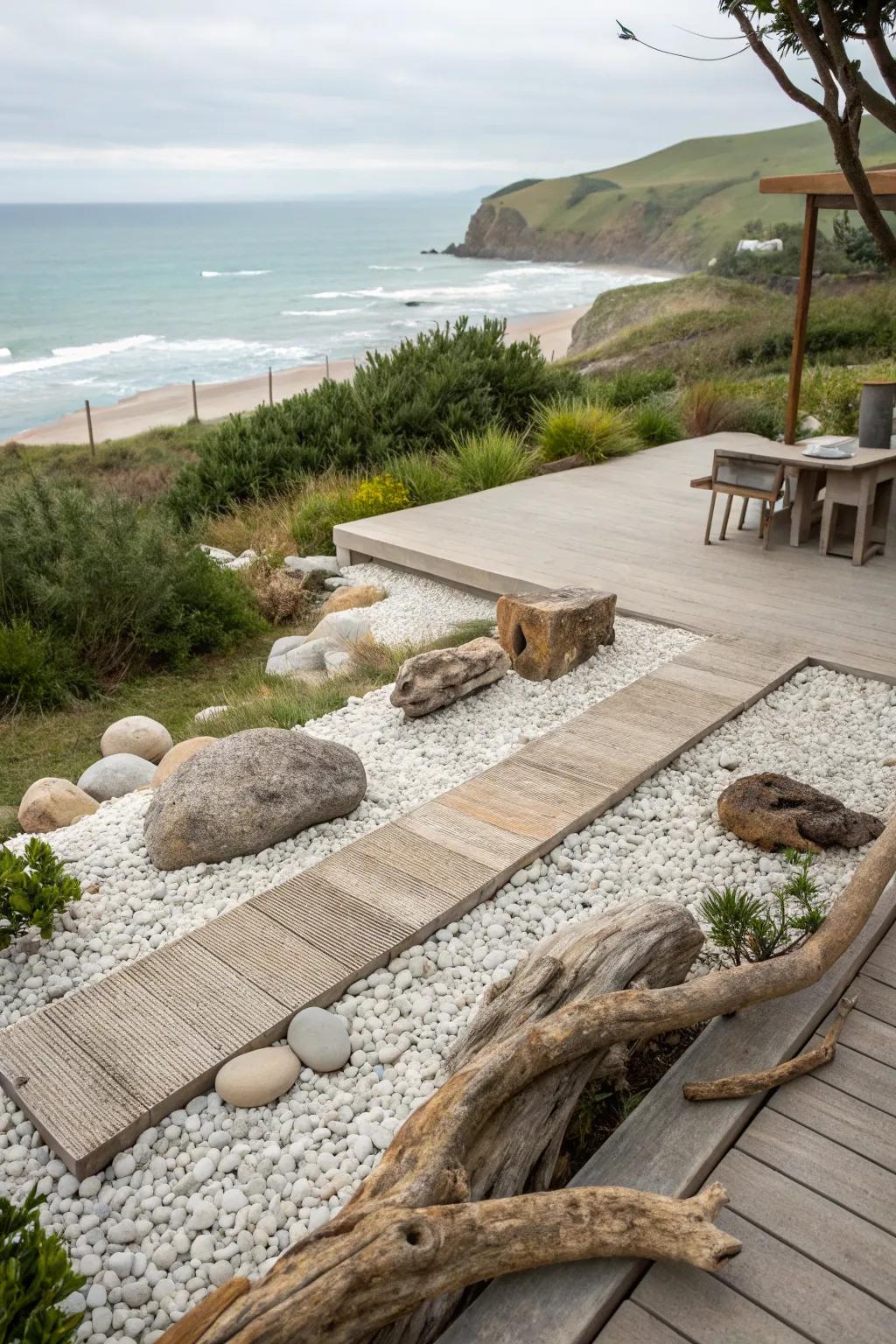 A coastal-inspired gravel patio with beachy elements.