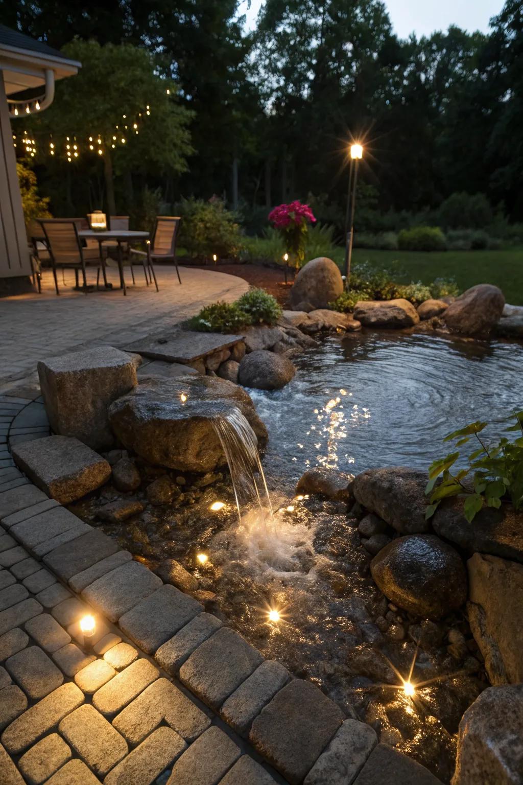 Water feature lighting creates magical reflections and tranquility.
