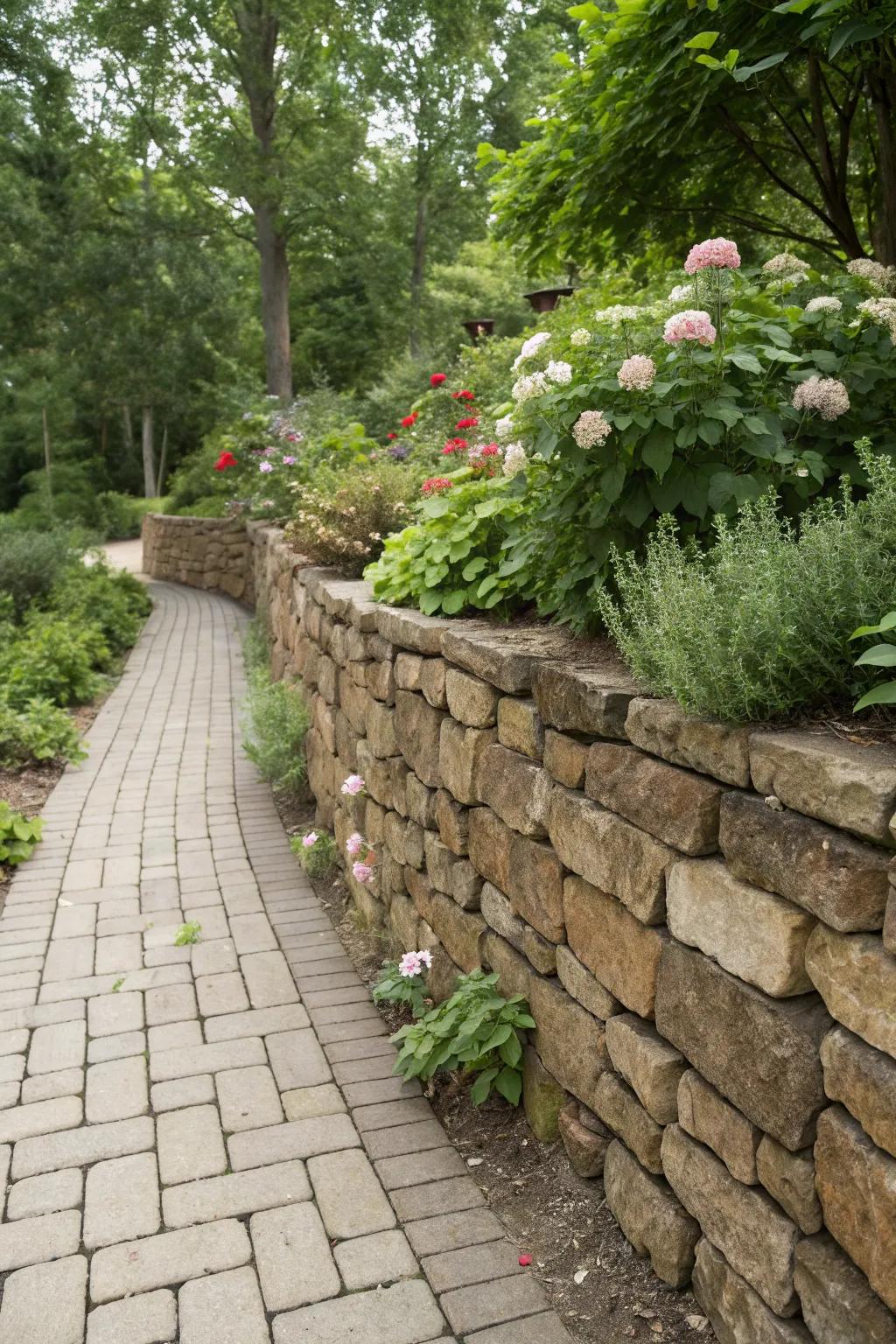 Rustic charm with a paver wall of irregular stones.