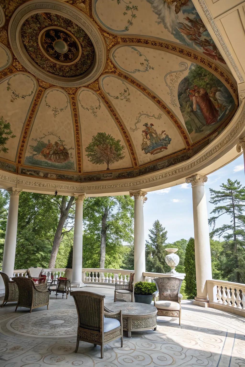 A pavilion ceiling featuring a stunning mural for an artistic flair.