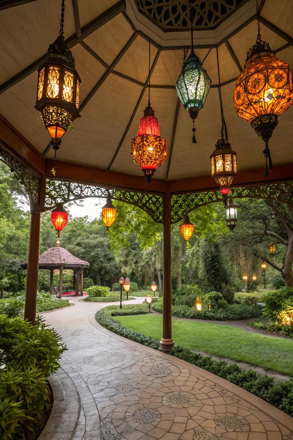 Hanging lanterns can create an exotic and inviting atmosphere.