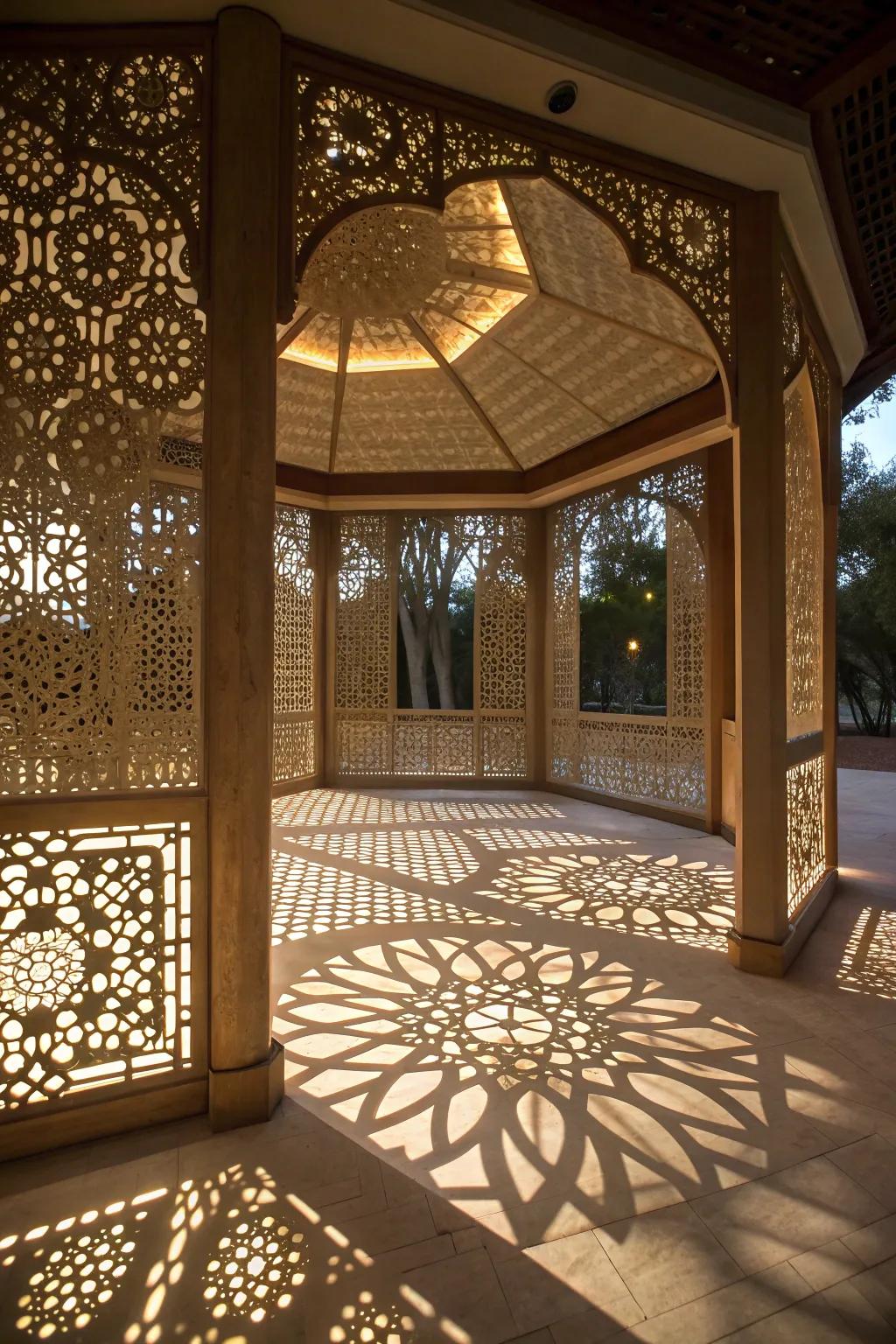 Laser cut screens adding an artistic touch to a pavilion.