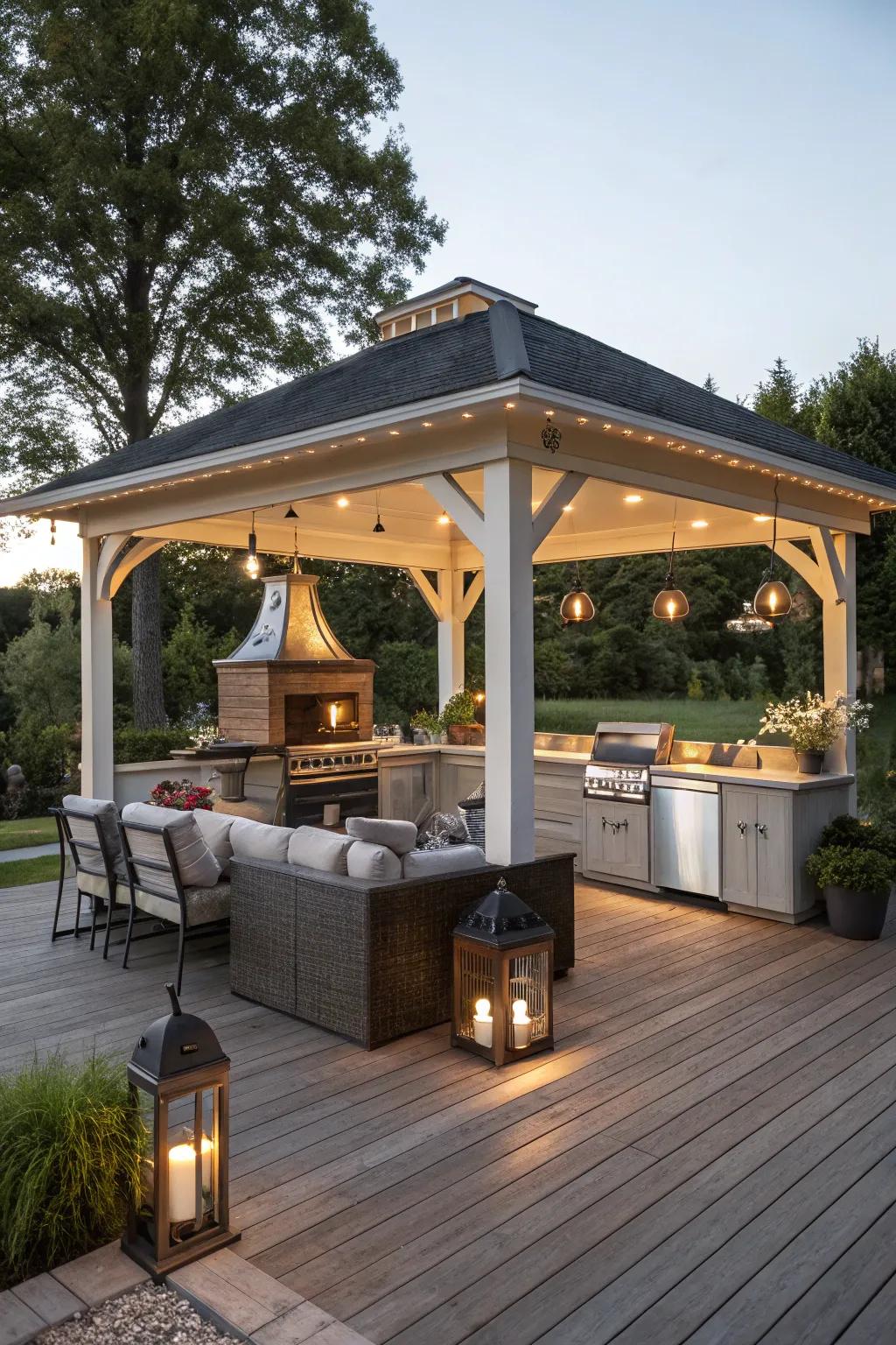 A pavilion lit with beautiful lighting, creating a magical atmosphere.