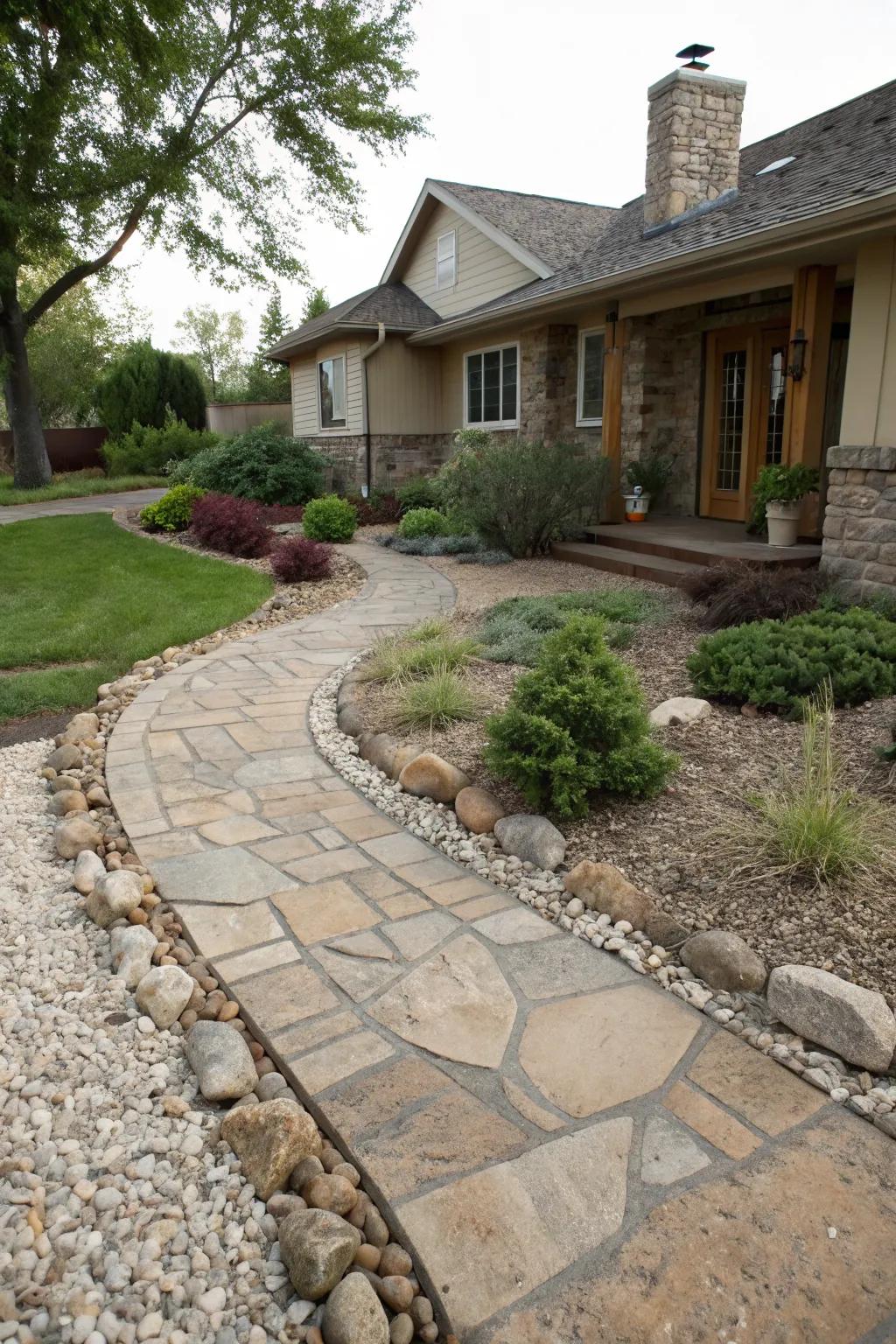 Gravel accents add texture and contrast to paving designs.