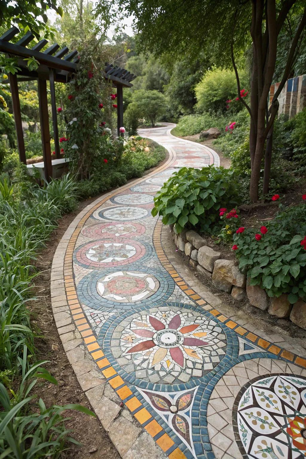 A vibrant mosaic path, the centerpiece of the garden.