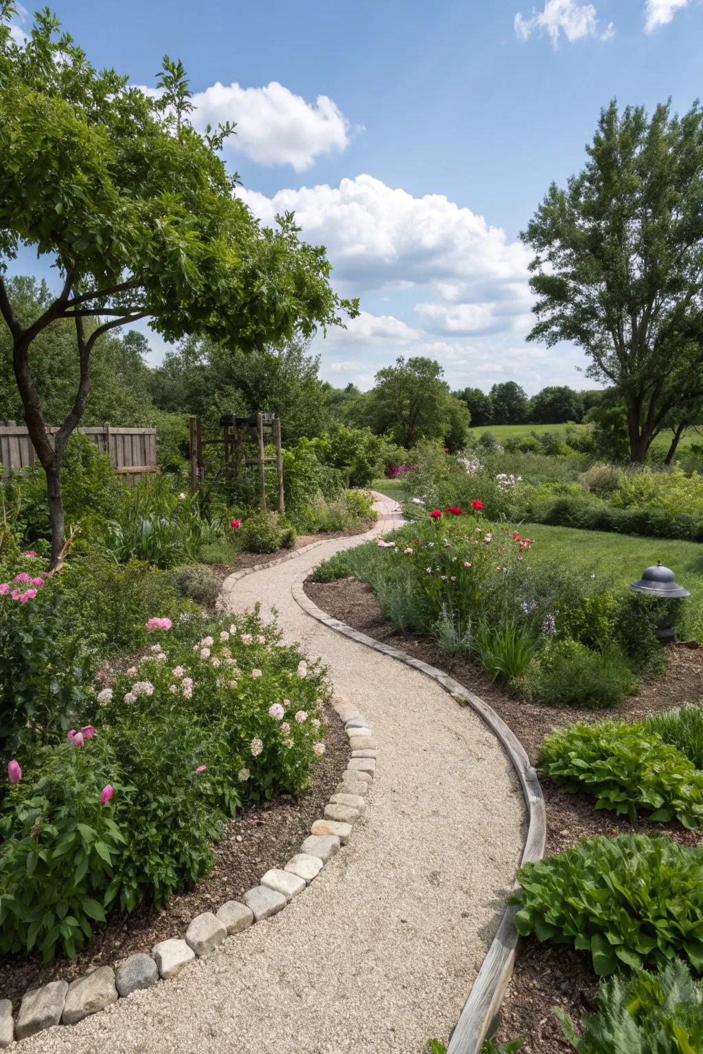 Pea gravel pathways offer a charming way for dogs to explore the garden.