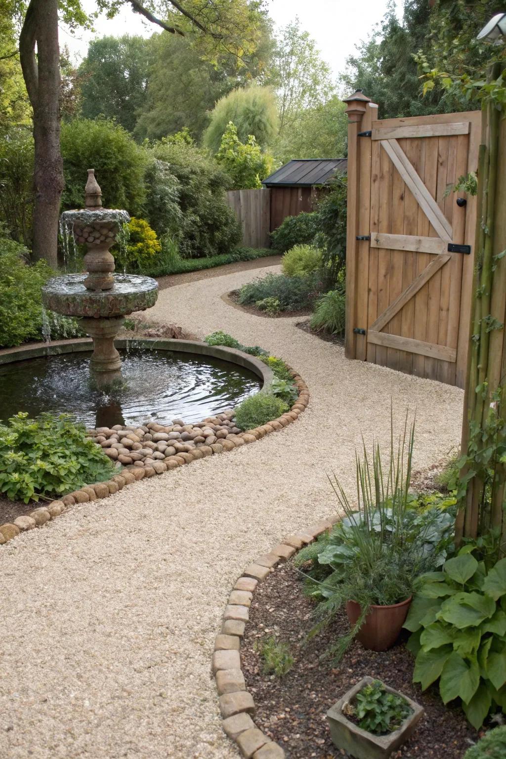 A pea gravel driveway enhanced by a tranquil water feature.