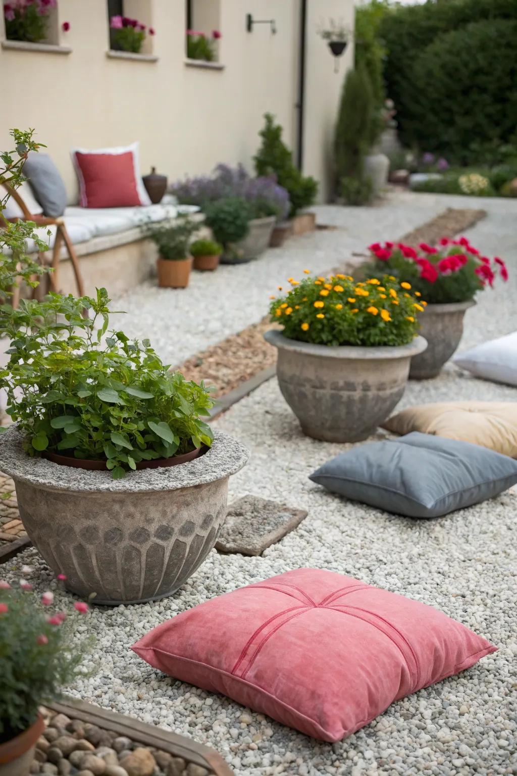 Decorative elements add personality to this pea gravel patio.