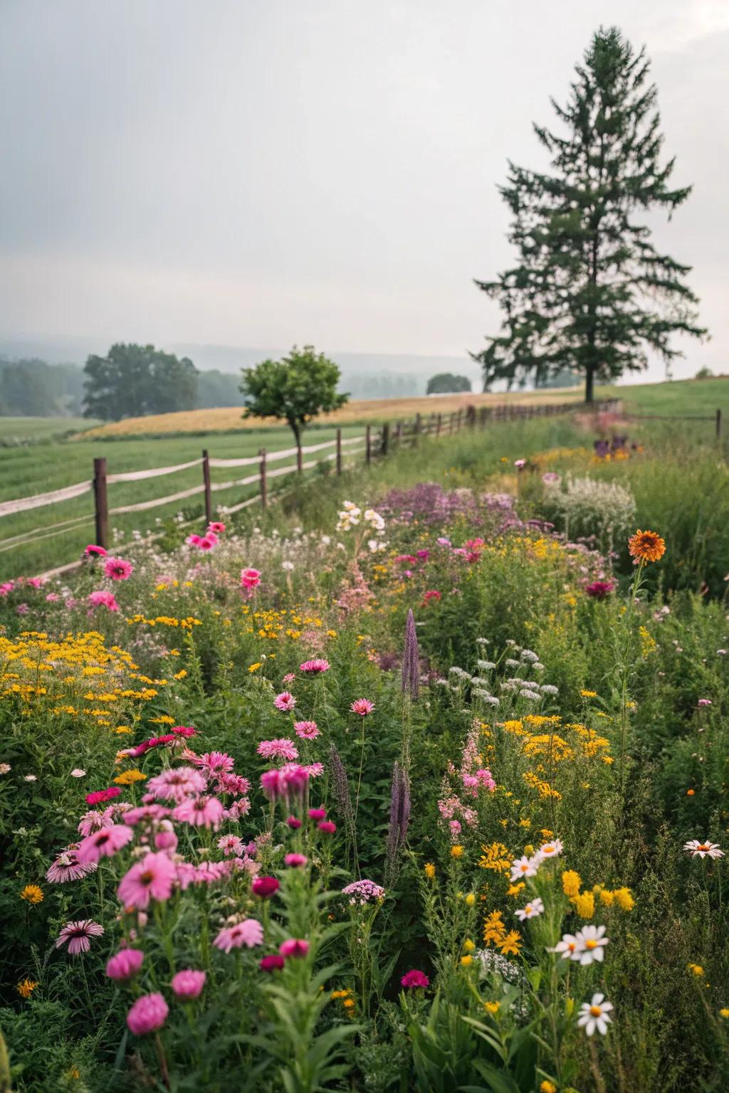 A wildflower meadow adds color and whimsy to the garden.