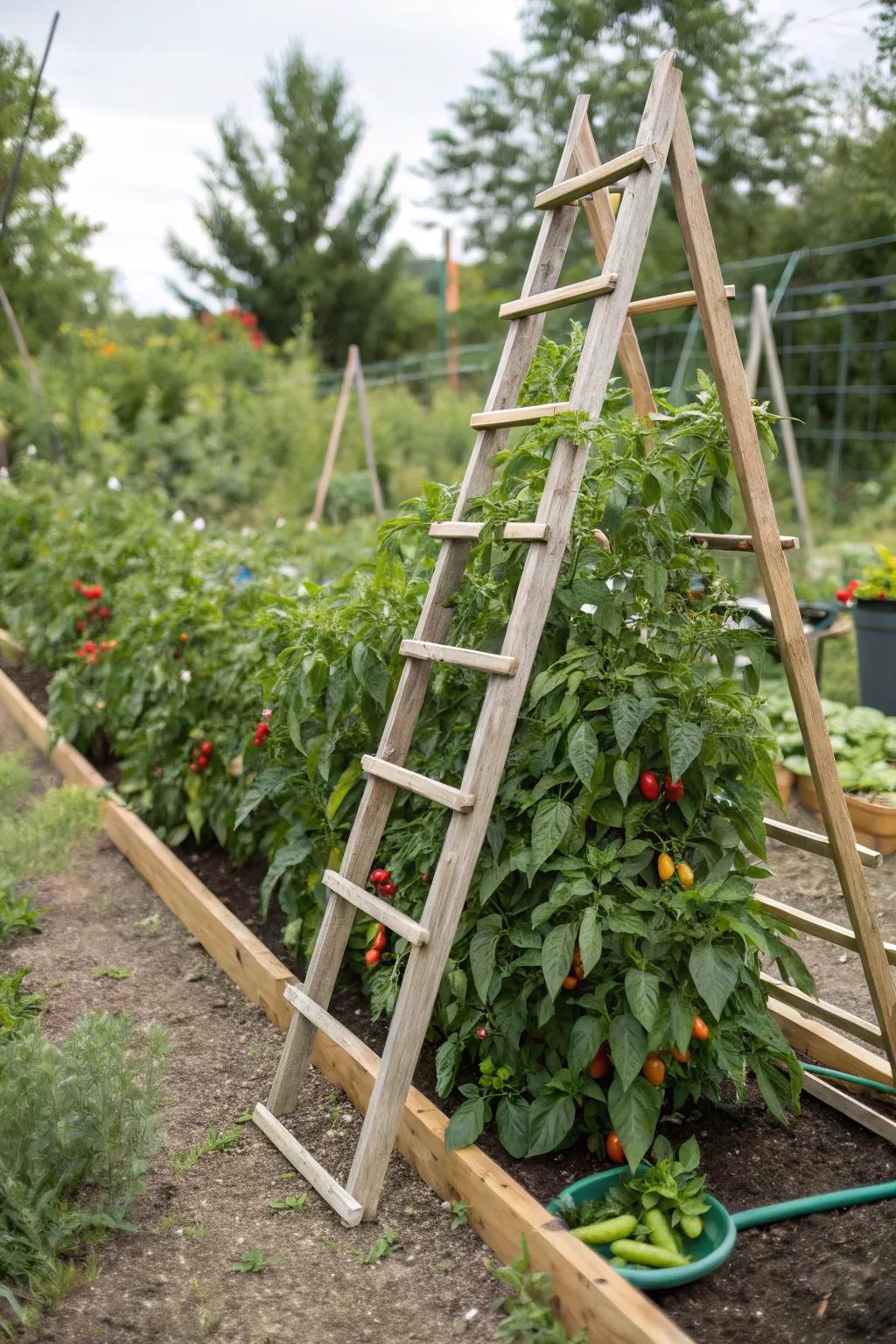 A-frame trellises offer sturdy support for pepper plants.