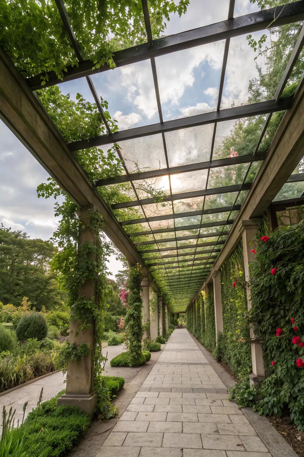 Mirror panels create an enchanting, reflective pergola ceiling.