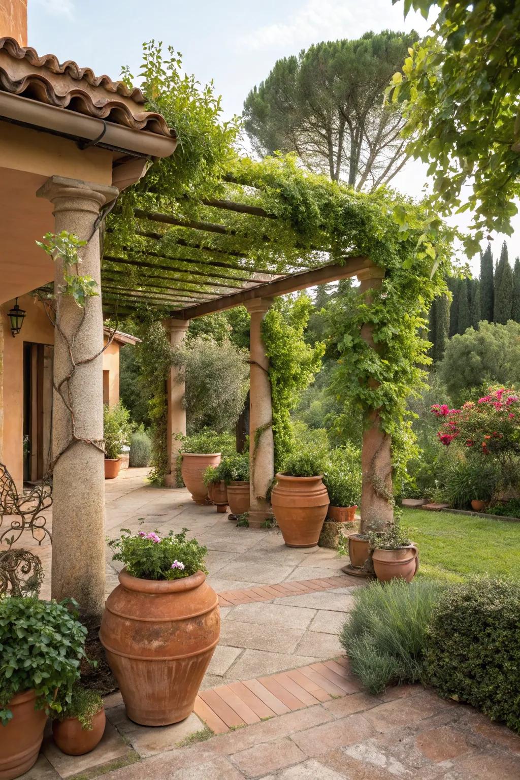 Terracotta pergolas bring warmth and depth to outdoor environments.