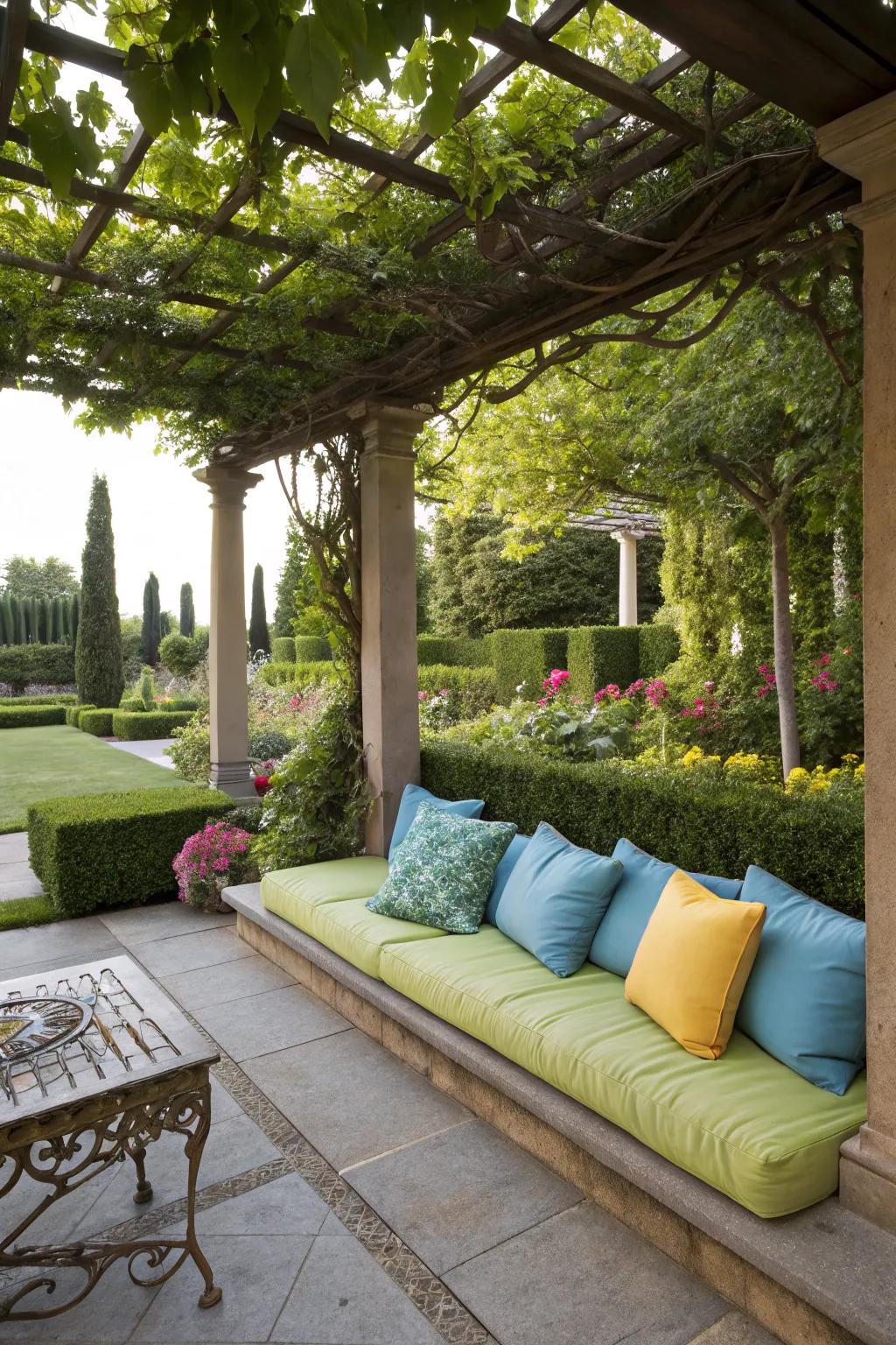Integrated seating making the pergola a cozy retreat