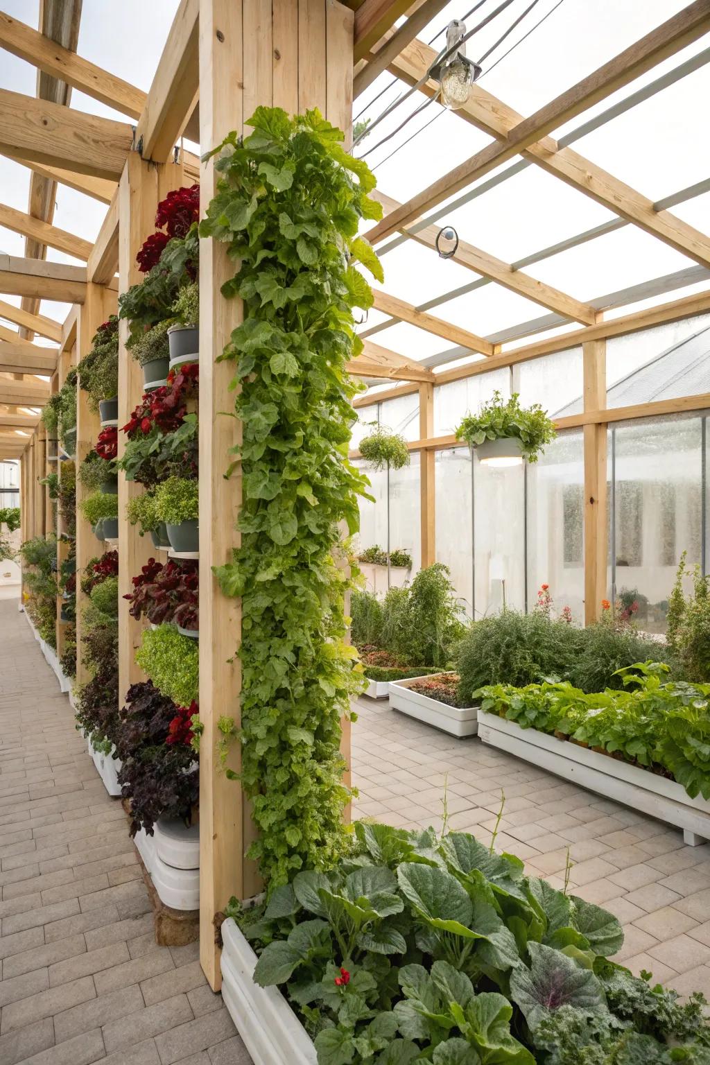 A pergola greenhouse with vertical vegetable gardens, efficient and lush.