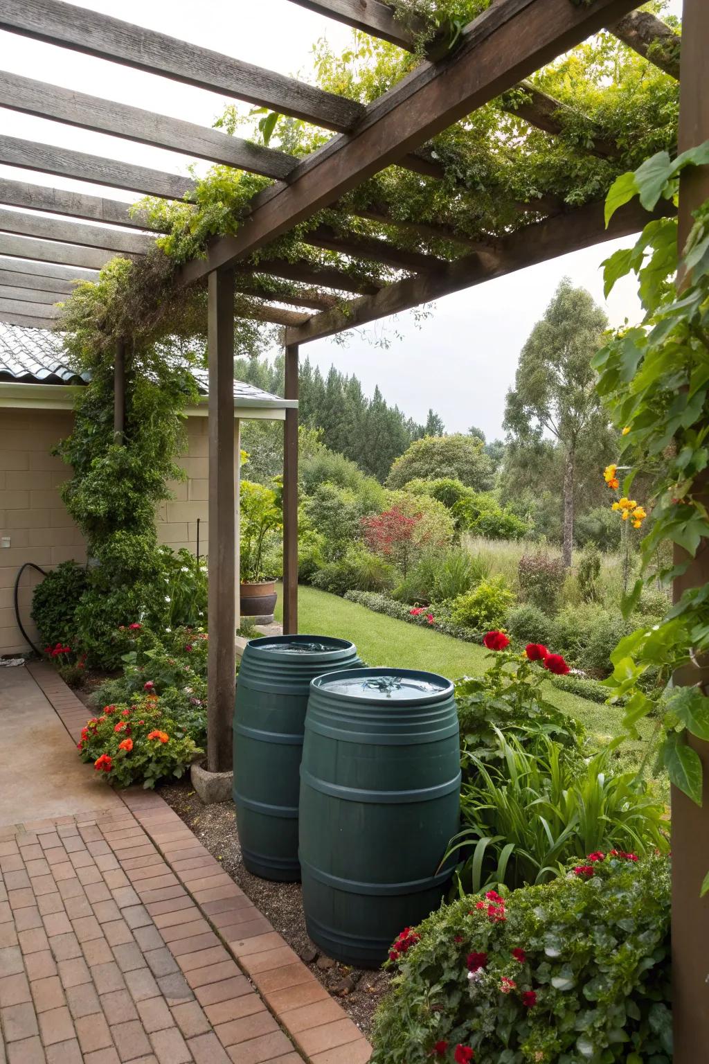 Harvest rainwater from your pergola for sustainable gardening.