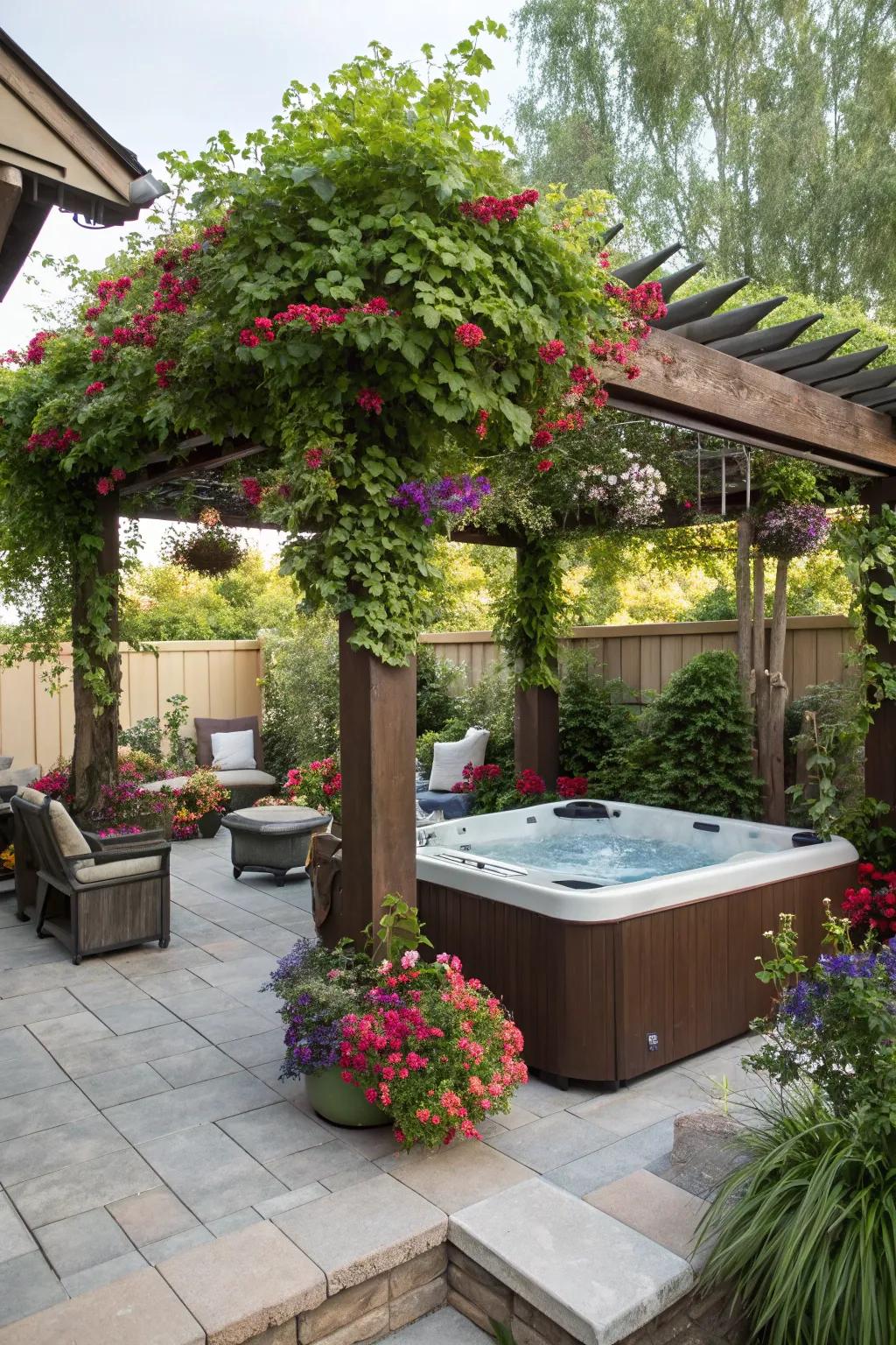 A pergola decorated with hanging plants for a lively and colorful hot tub area.