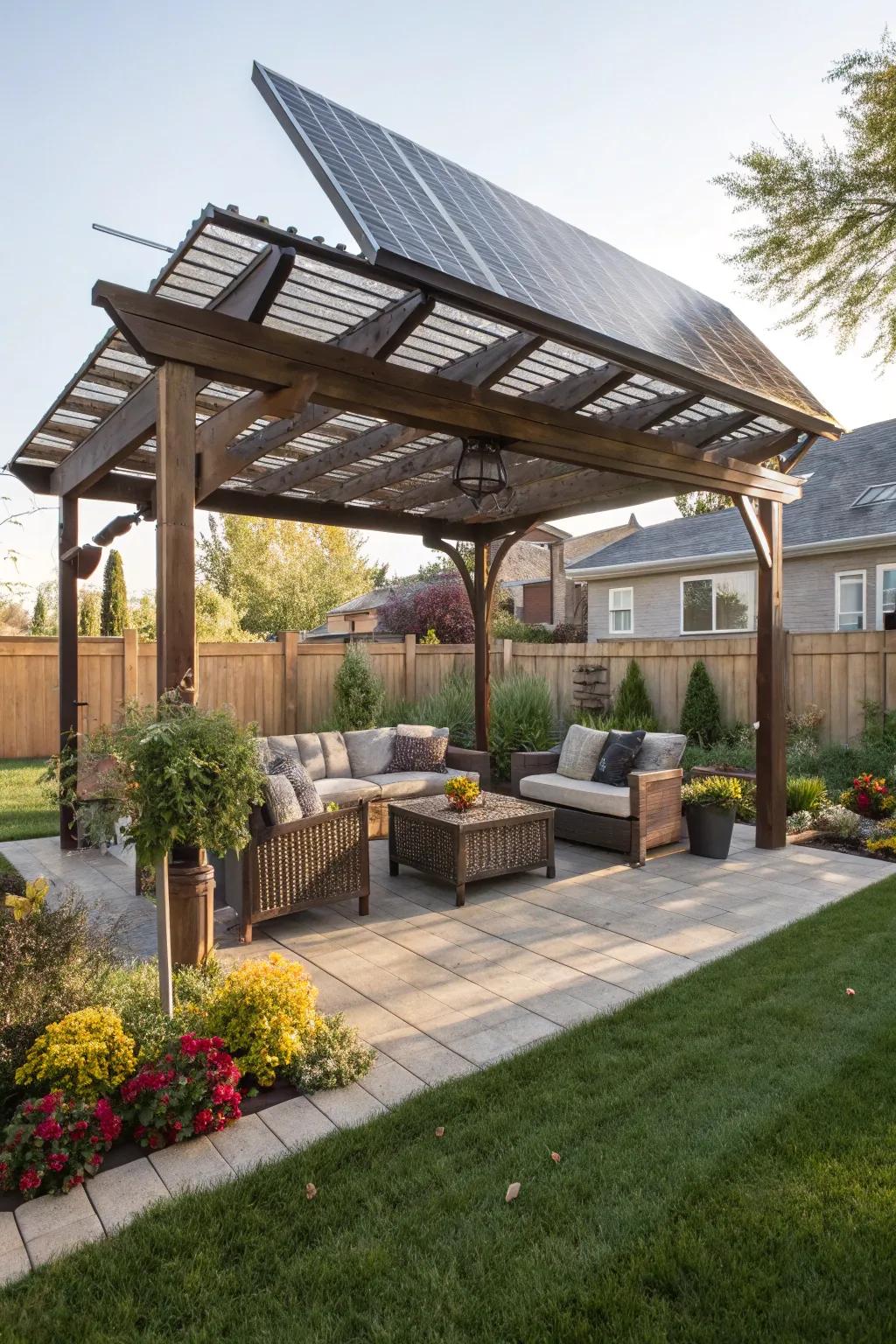 Solar panels turn your pergola into an eco-friendly powerhouse.