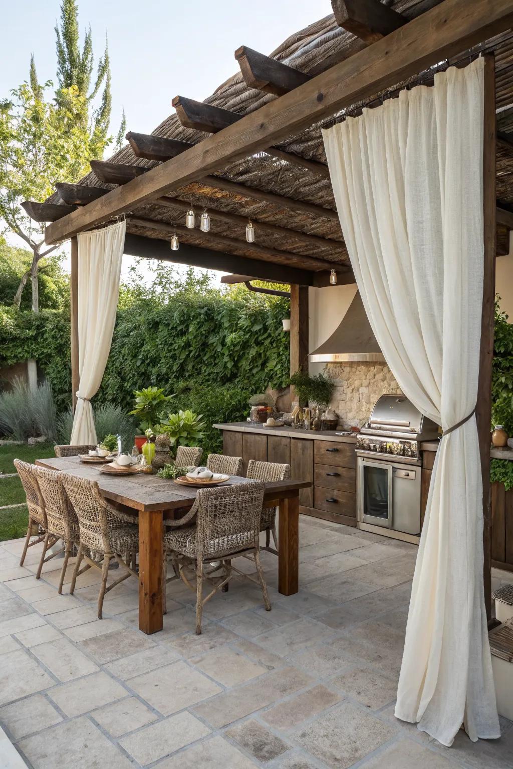Outdoor curtains add elegance and privacy to your pergola.