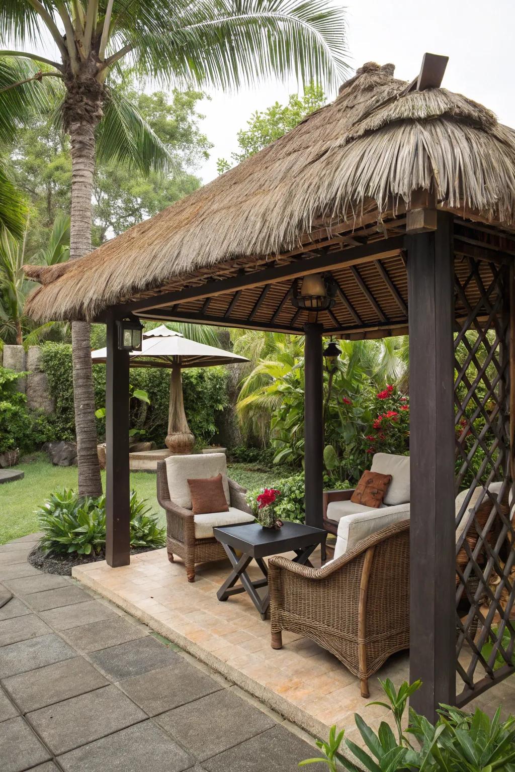 Thatch roofs evoke a tropical escape.