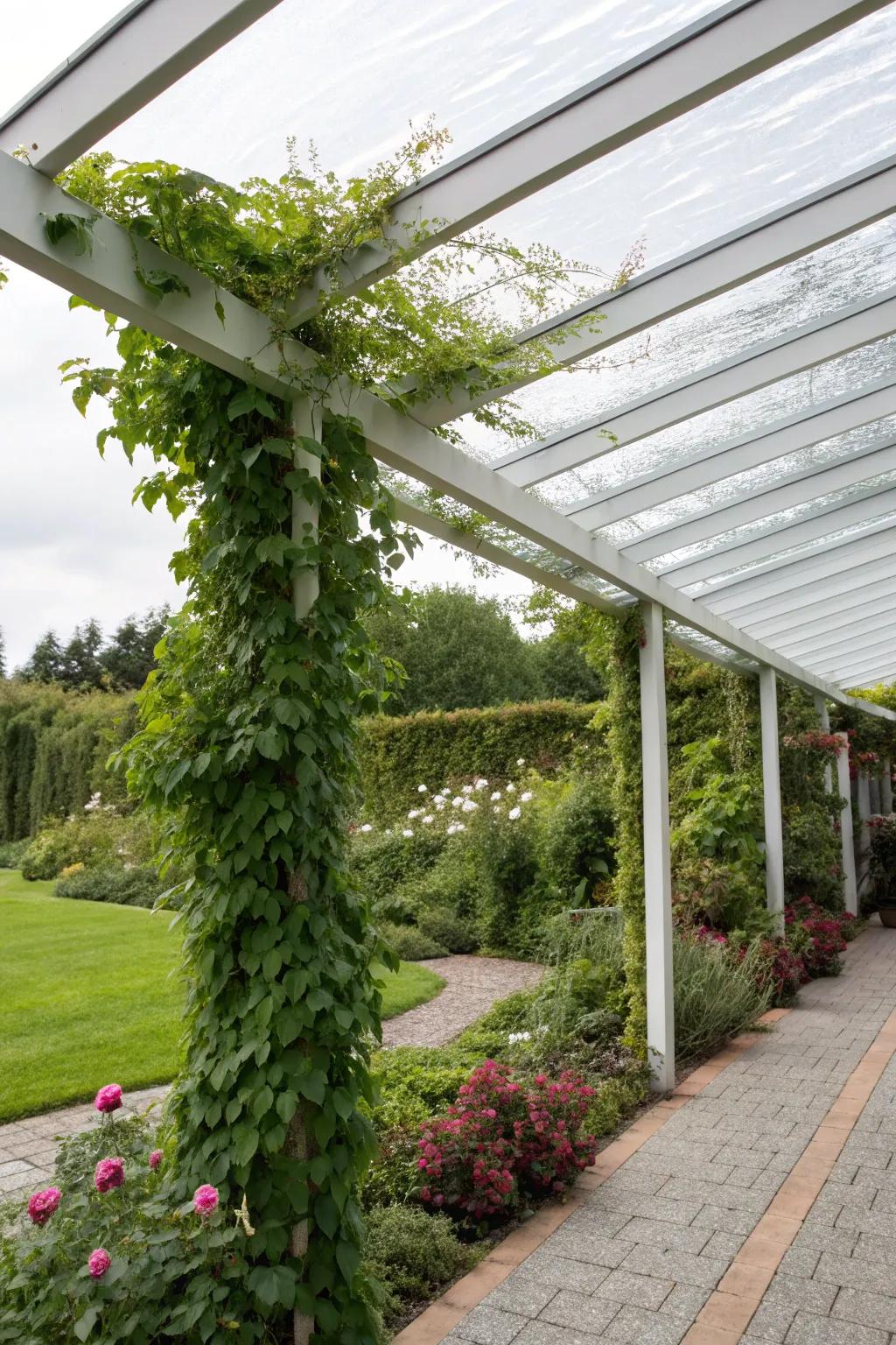 Polycarbonate panels keep your space dry while allowing light to filter through.