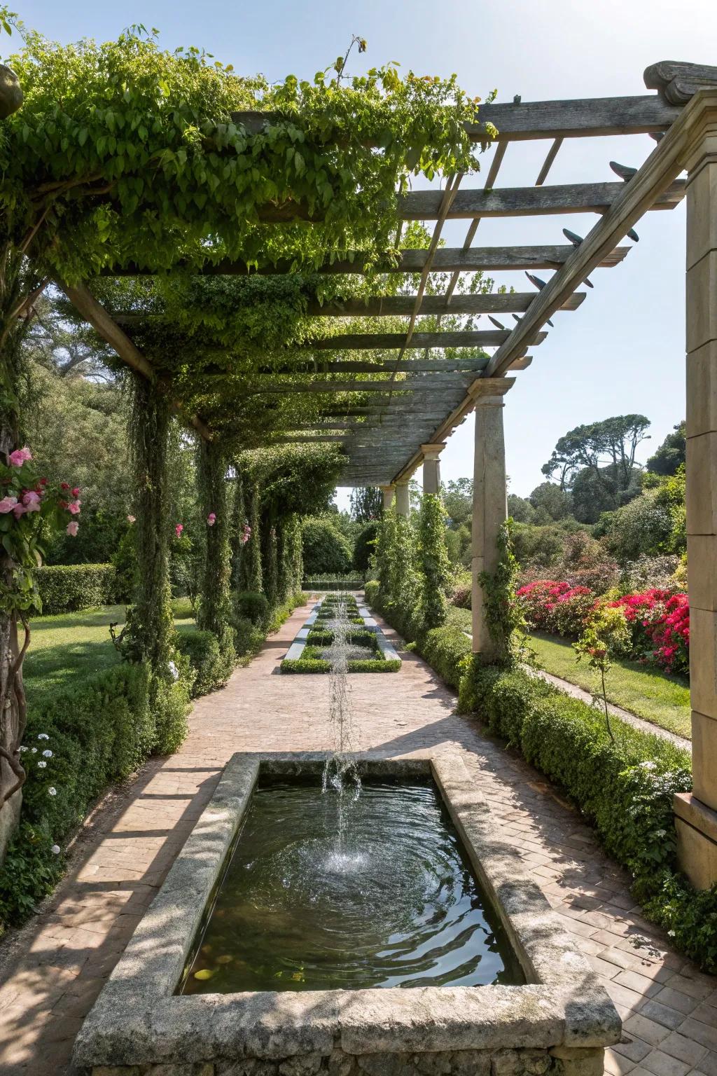 A serene pergola walkway complemented by a calming water feature.