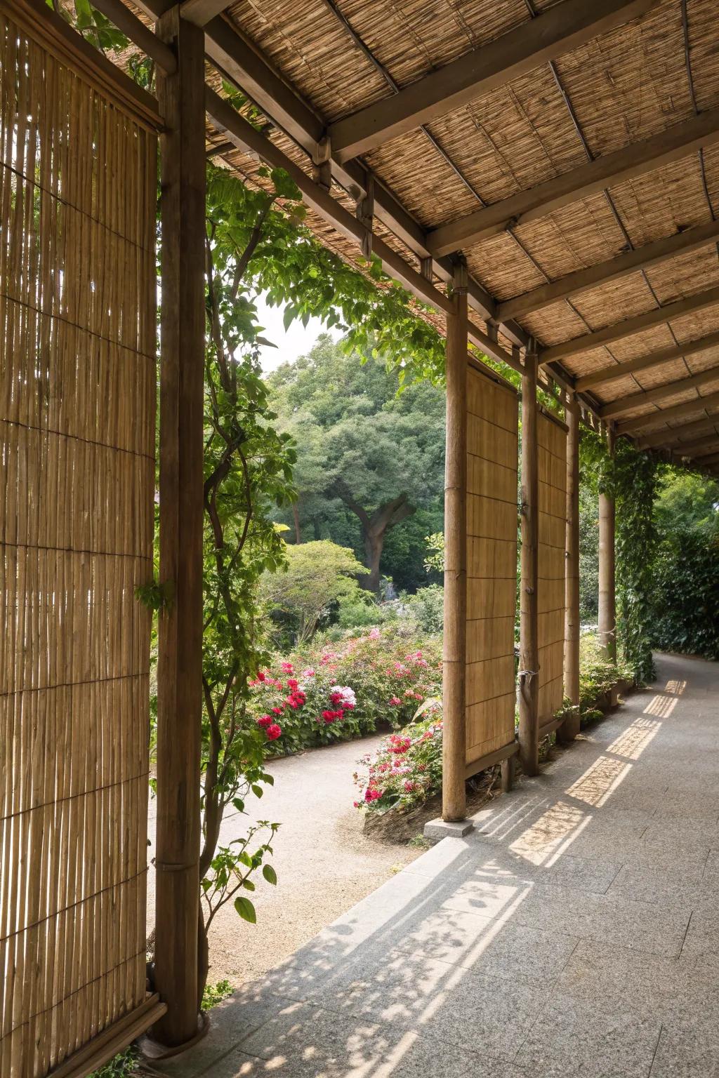 A zen-inspired pergola featuring natural bamboo screens.