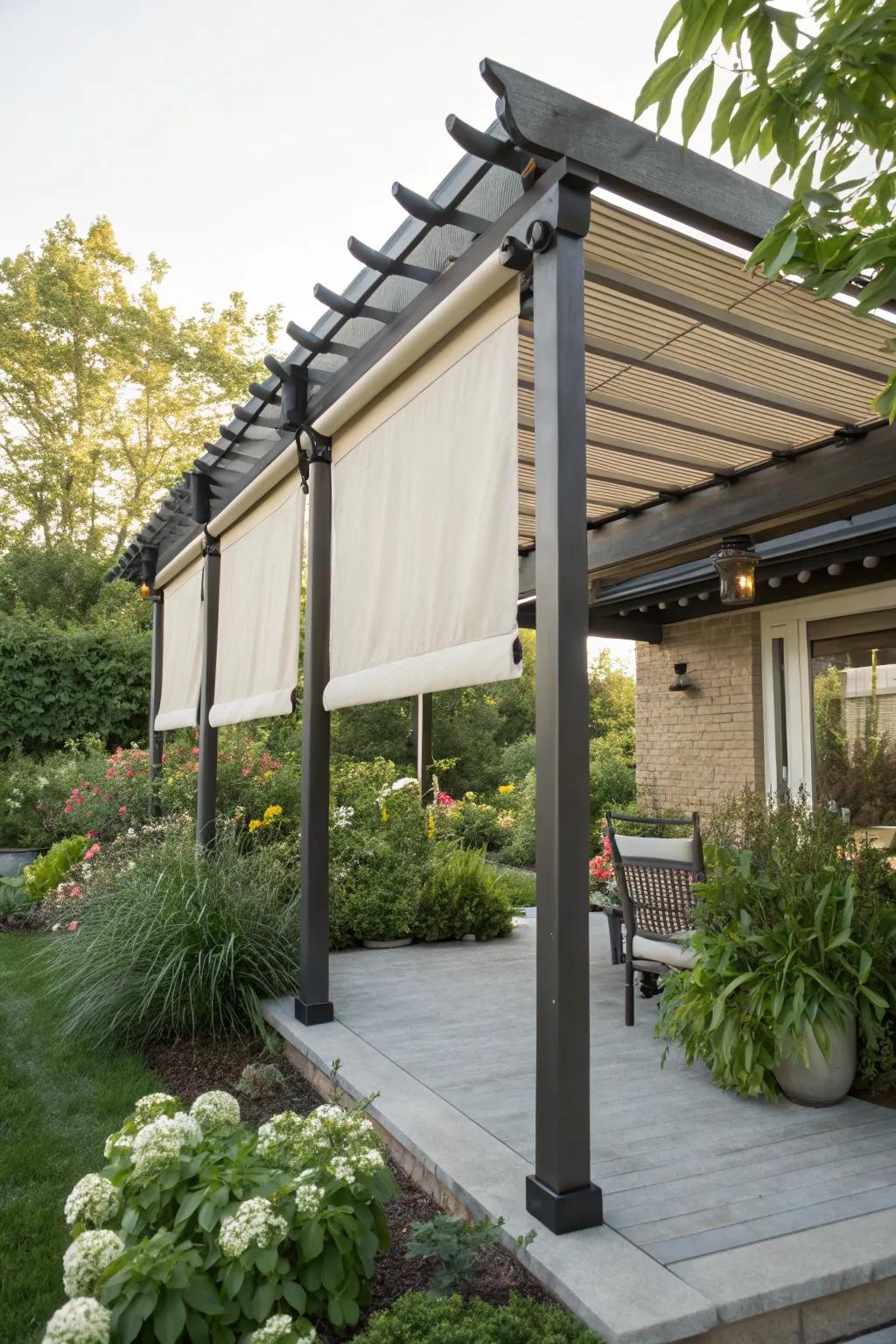 Retractable shades offer adaptable protection for this pergola bar.