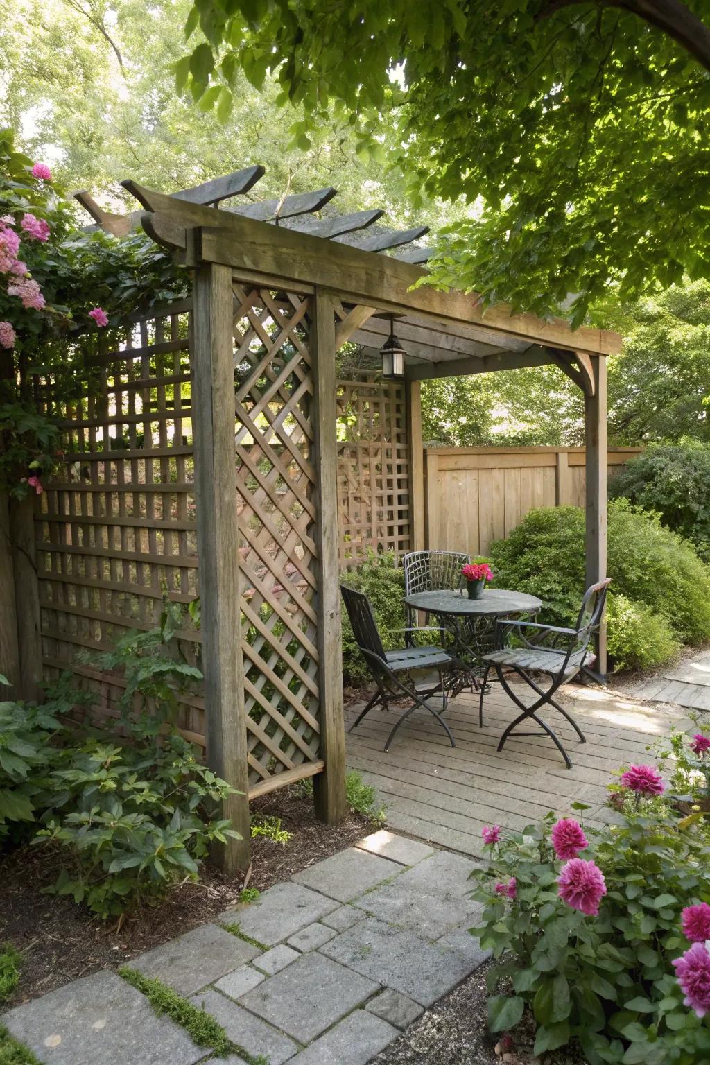 A freestanding pergola creates a cozy garden retreat.