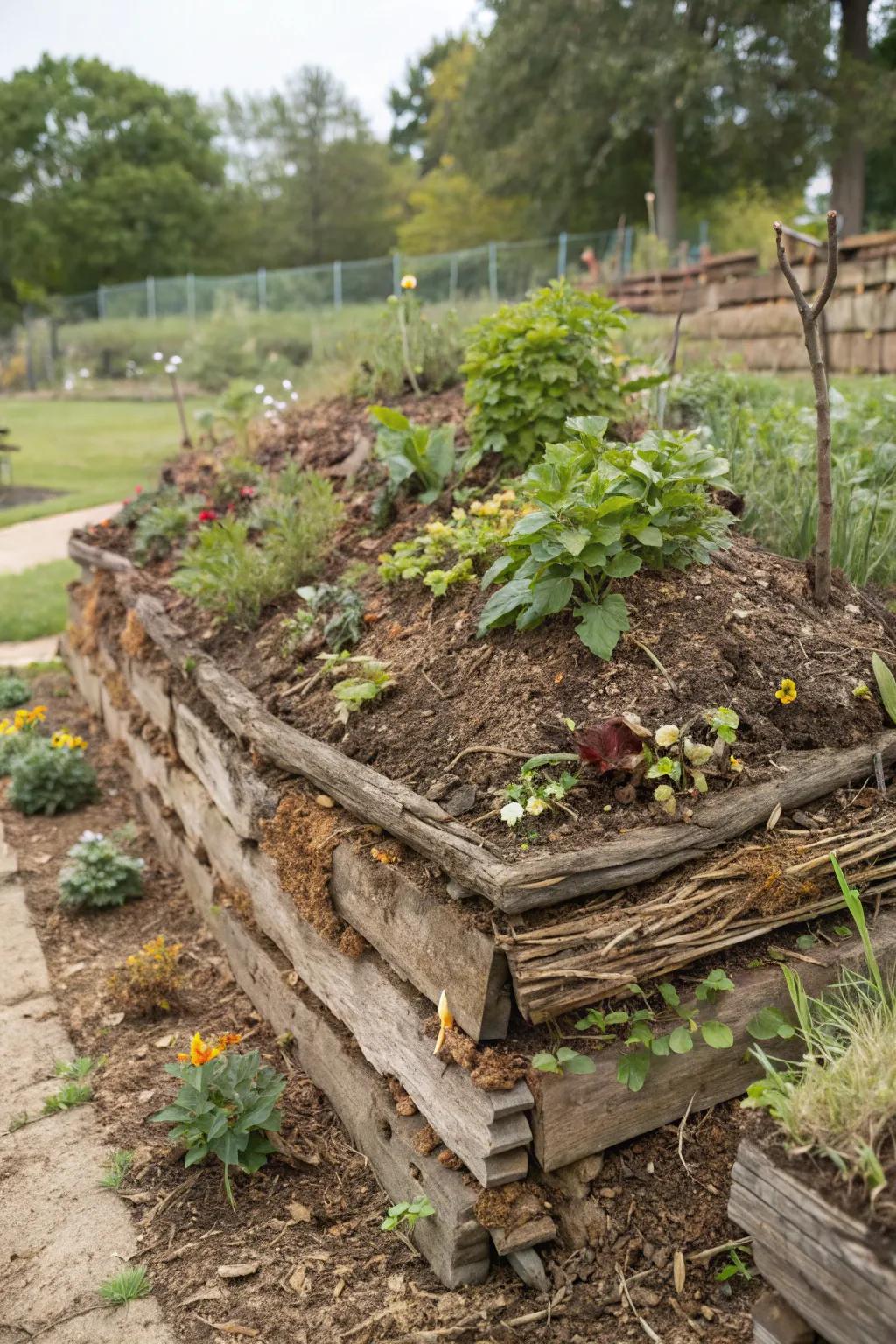 An innovative hugelkultur bed that nurtures plant growth with decomposing wood.