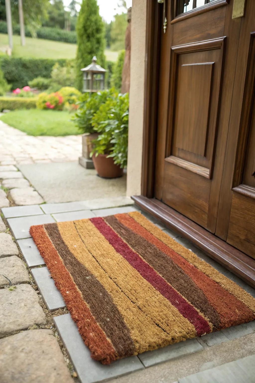 A door mat made of natural coir, offering durability and style.