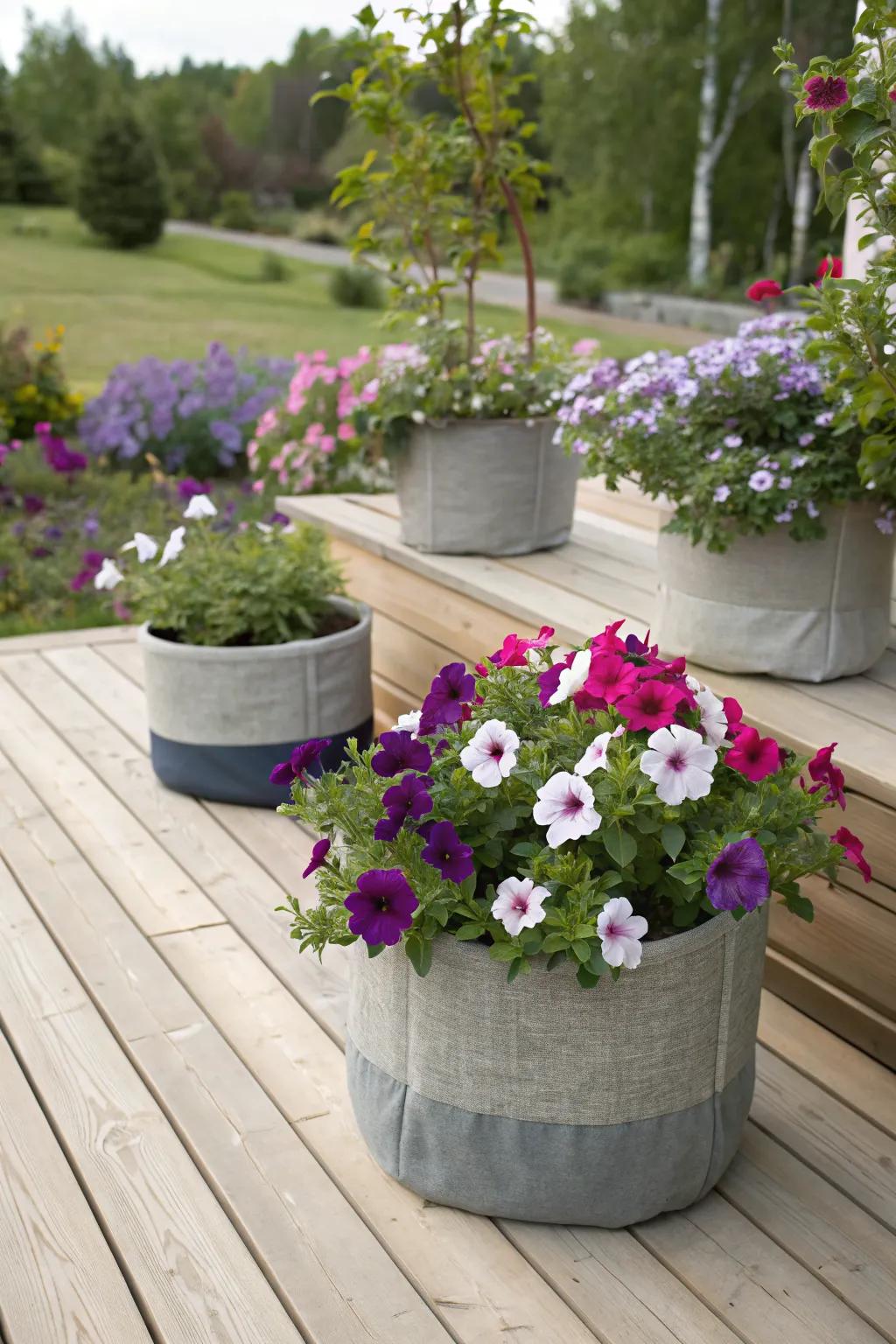 Fabric pots provide an eco-friendly solution for healthy petunias.