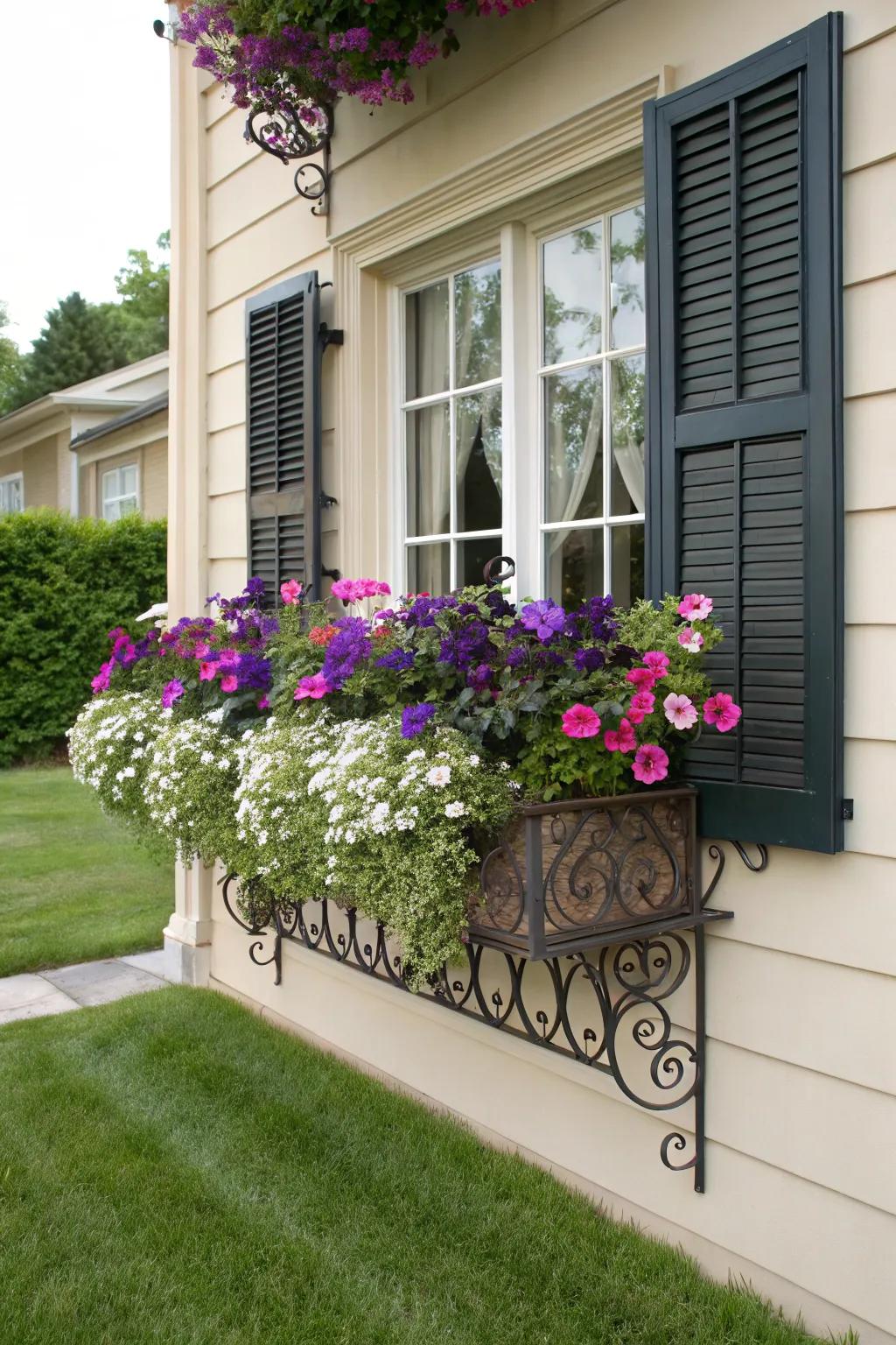 Wrought iron boxes add elegance to any petunia arrangement.
