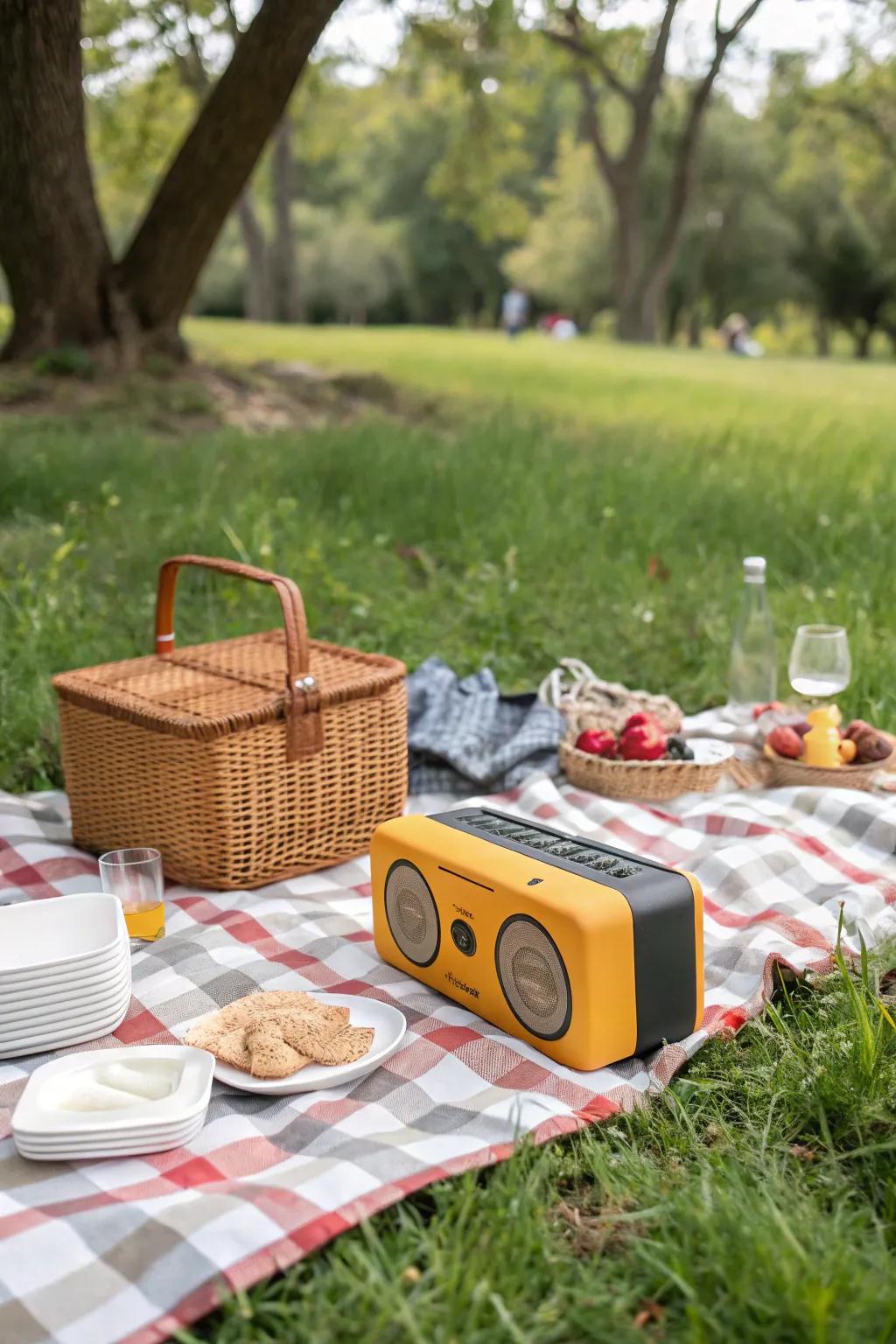 Music enhancing the ambiance of a perfect picnic day.