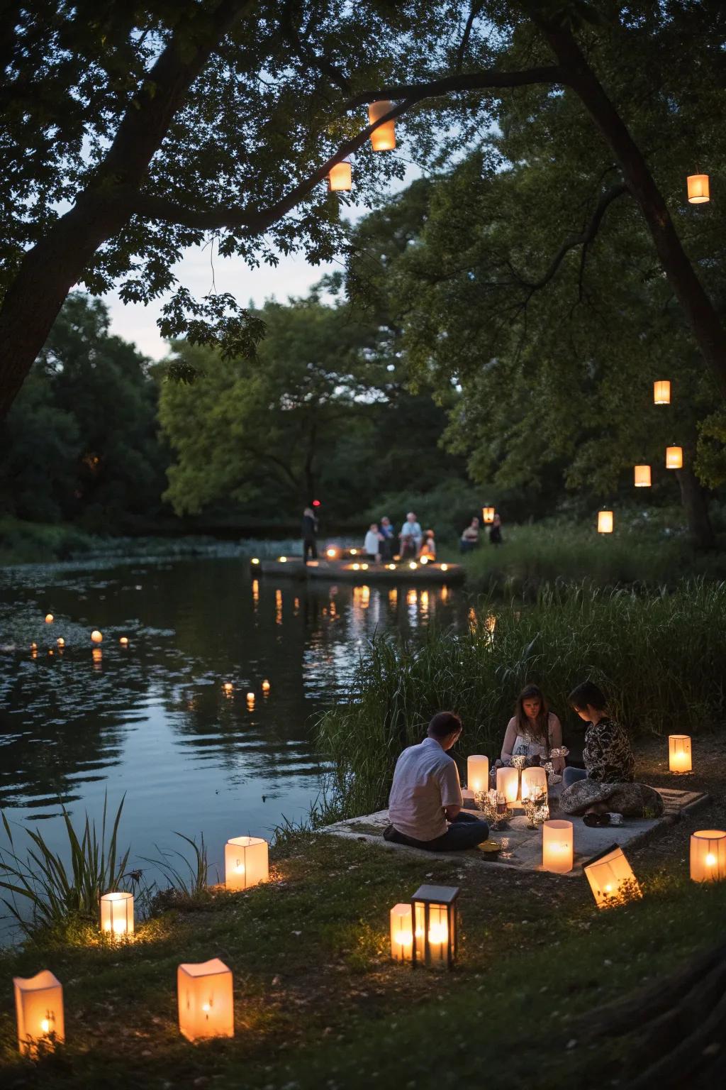 Floating lanterns casting a dreamy glow over a picnic area.