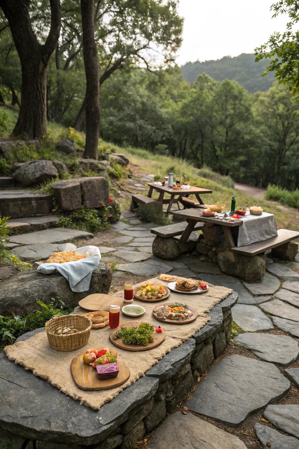 Flat stones provide a rustic and natural dining setup.