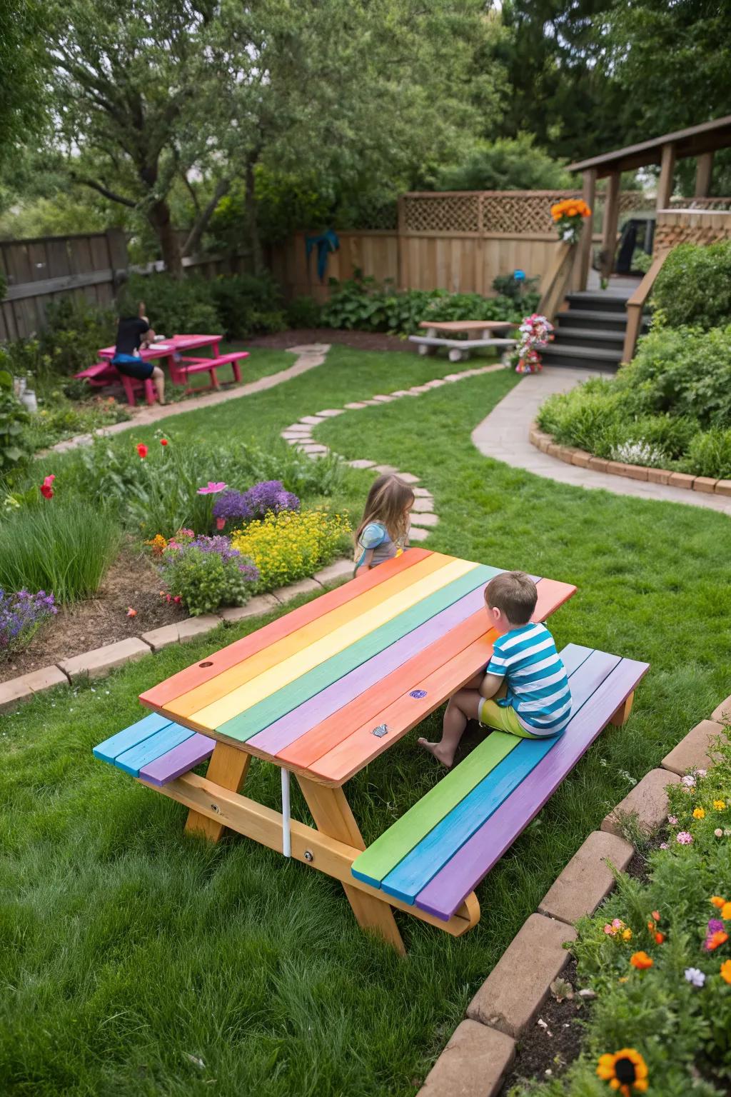 A rainbow-striped picnic table adds a playful vibe to a family-friendly garden.