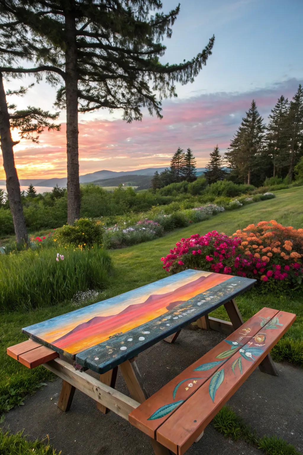 A sunset scene captures the beauty of nature on this table.