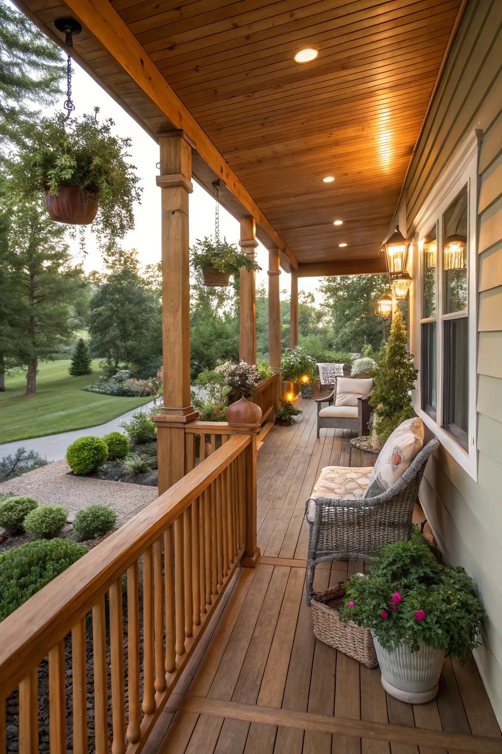 Natural wood tones enhance the cozy ambiance of your porch.