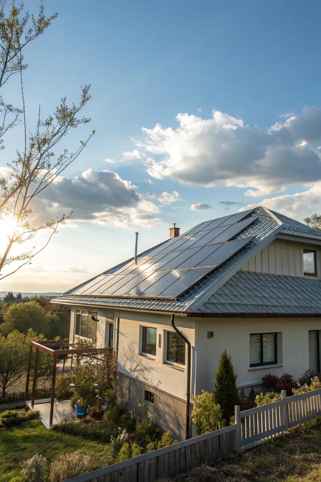 A house showcasing an energy-efficient metal roof complemented by solar panels.