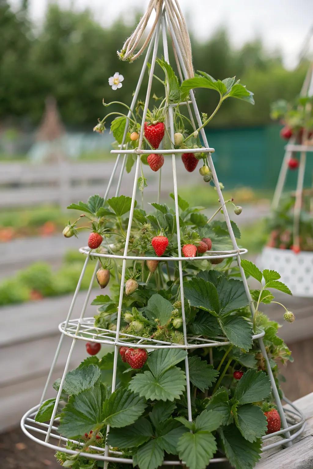 A pyramid-shaped garden bed filled with strawberries.